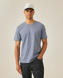 Mens T-Shirt Slim Fit Short Sleeve V-Neck Cotton Vibrant Embroidered Duck Heart Point - Blue 63_641H000_AZU184215_0
