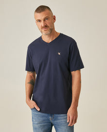 Mens T-Shirt Slim Fit Short Sleeve V-Neck Cotton Vibrant Embroidered Duck Heart Point - Blue 63_641H000_AZU194011_0