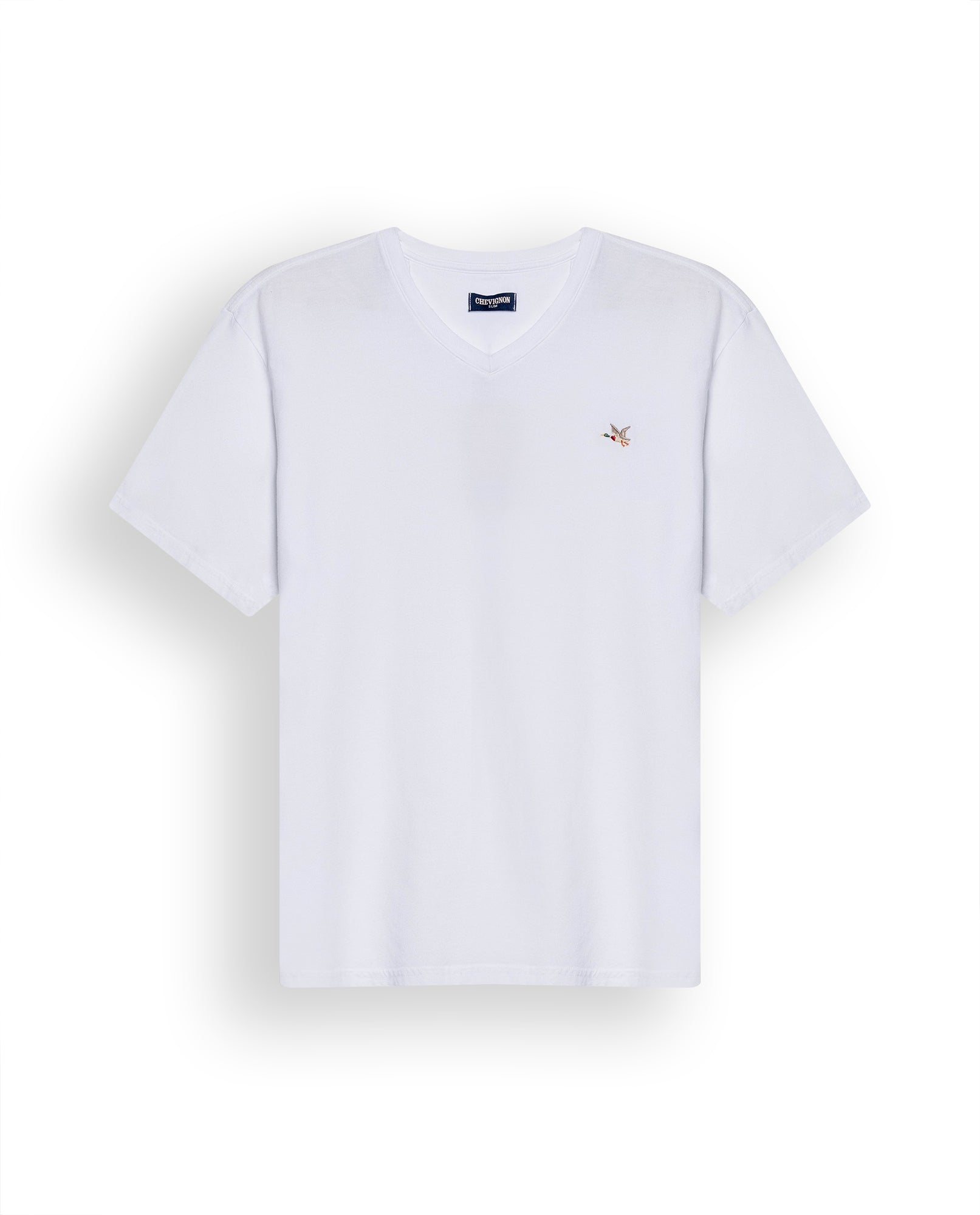 Mens T-Shirt Slim Fit Short Sleeve V-Neck Cotton Vibrant Embroidered Duck Heart Point - White 63_641H000_BLA110601_3