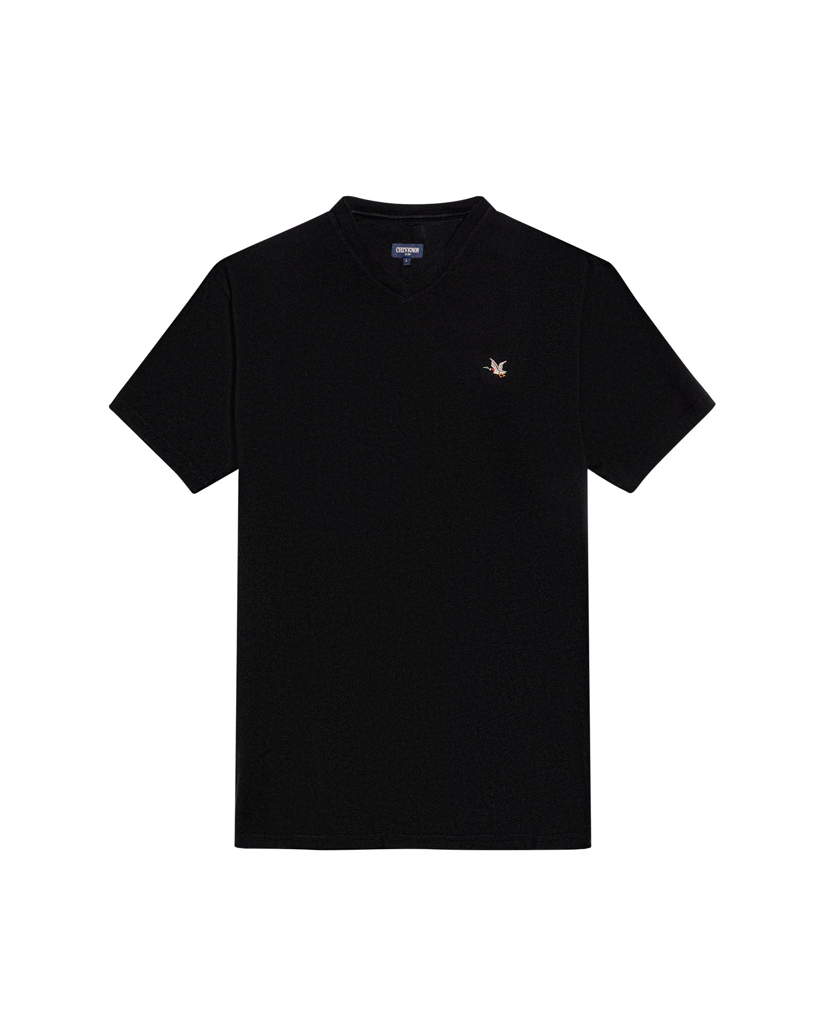 Mens T-Shirt Slim Fit Short Sleeve V-Neck Cotton Vibrant Embroidered Duck Heart Point - Black 63_641H000_NEG194007_3
