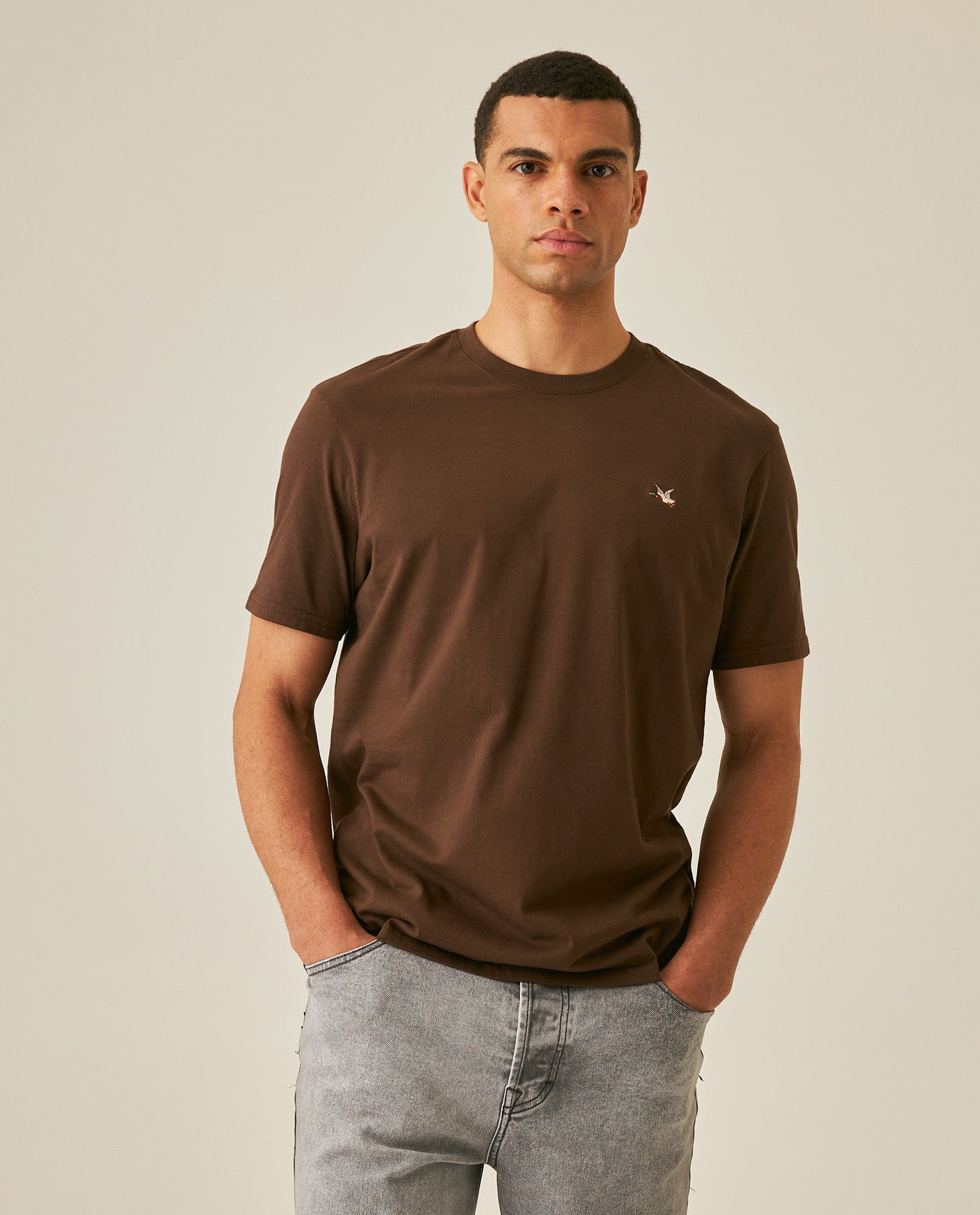 Mens T-Shirt Slim Fit Short Sleeve Crewneck Cotton Vibrant Embroidered Duck Heart Point Chest - Brown 63_641H001_CAF191016_0