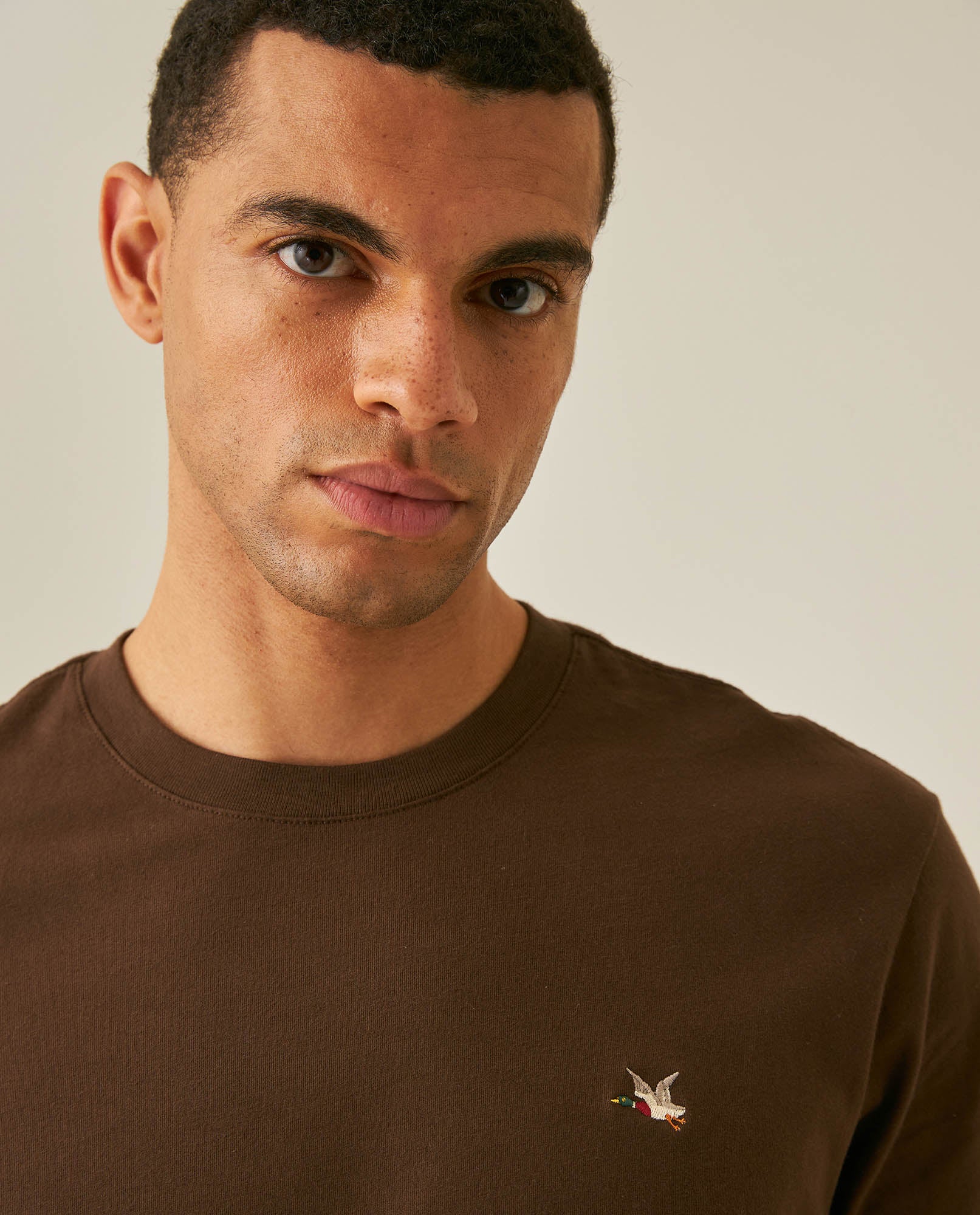 Mens T-Shirt Slim Fit Short Sleeve Crewneck Cotton Vibrant Embroidered Duck Heart Point Chest - Brown 63_641H001_CAF191016_5