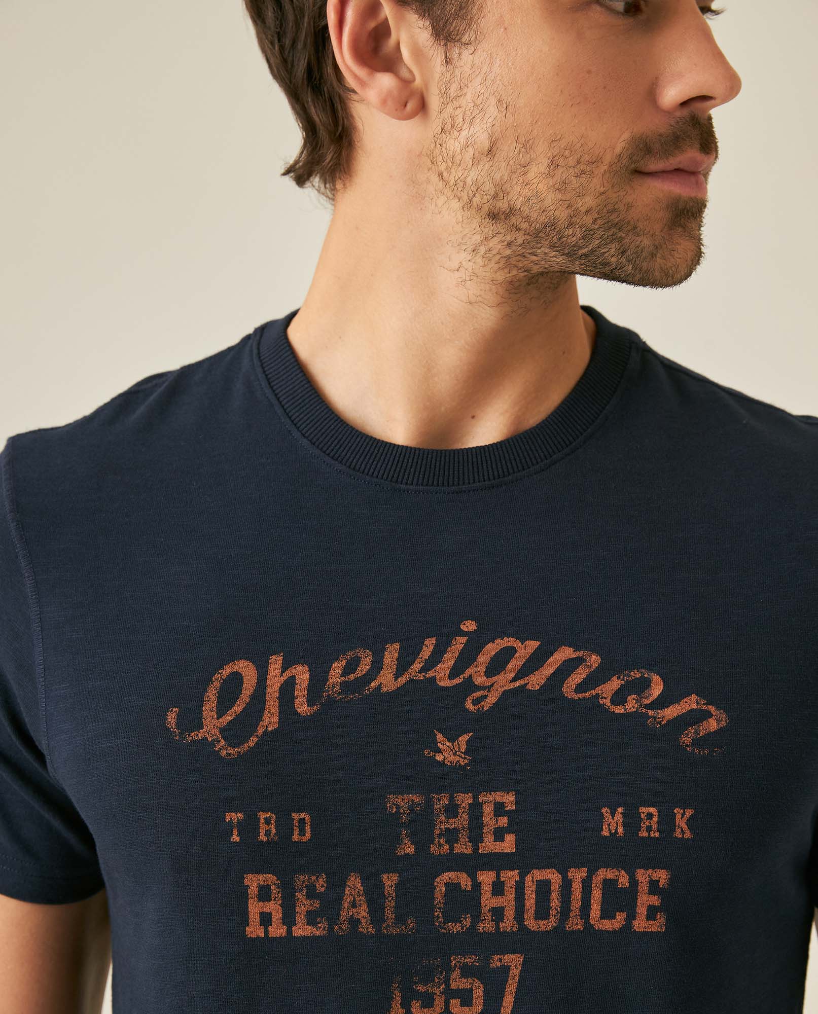 Mens T-Shirt Slim Fit Short Sleeve Cotton Subtle Slub Heavy Rib Collar Printed Front Graphic Seam Details - Blue 63_641H004_AZU193924_5