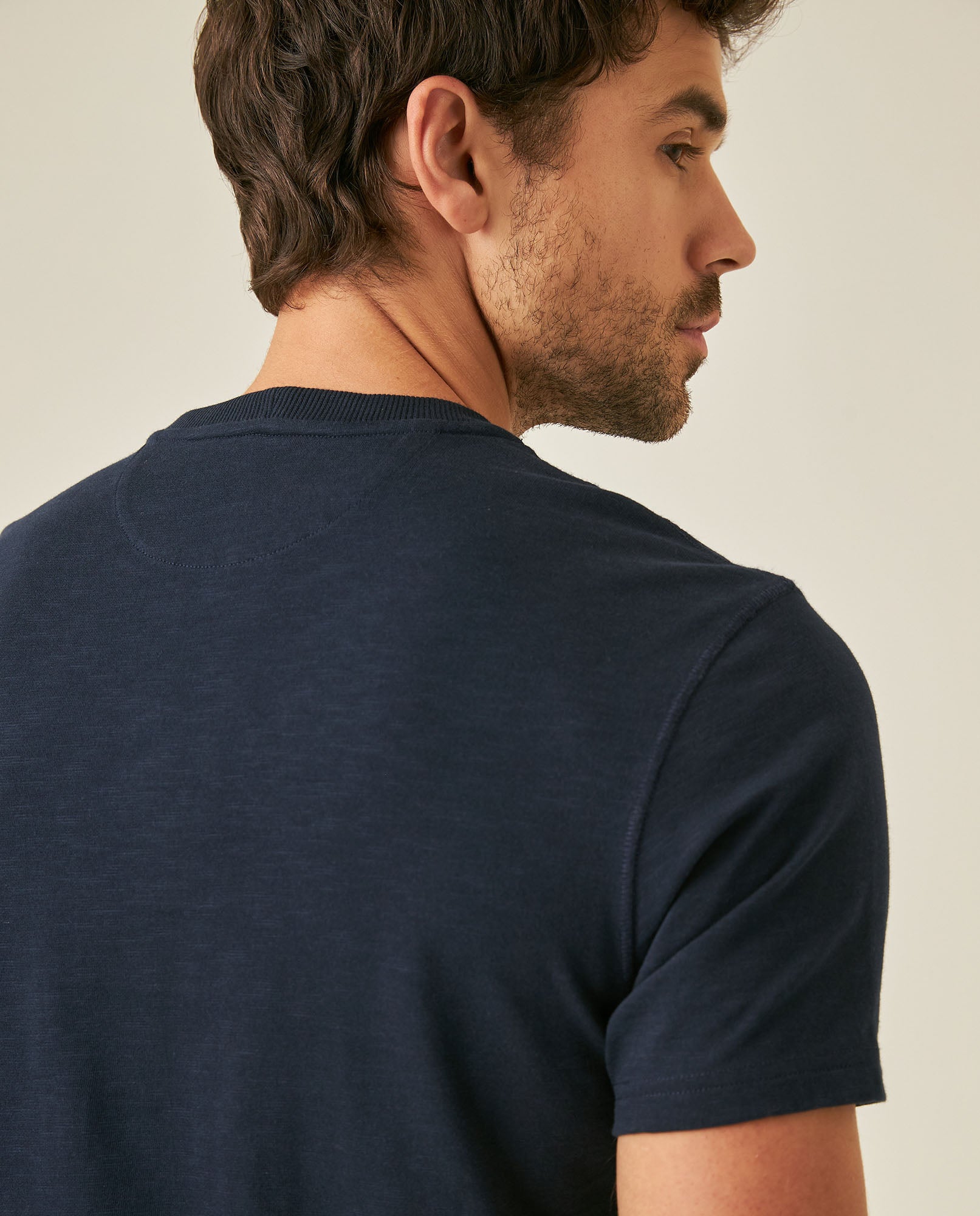 Mens T-Shirt Slim Fit Short Sleeve Cotton Subtle Slub Heavy Rib Collar Printed Front Graphic Seam Details - Blue 63_641H004_AZU193924_7