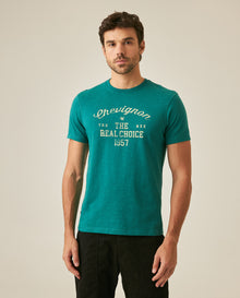 Mens T-Shirt Slim Fit Short Sleeve Cotton Subtle Slub Heavy Rib Collar Printed Front Graphic Seam Details - Green 63_641H004_VER185322_0