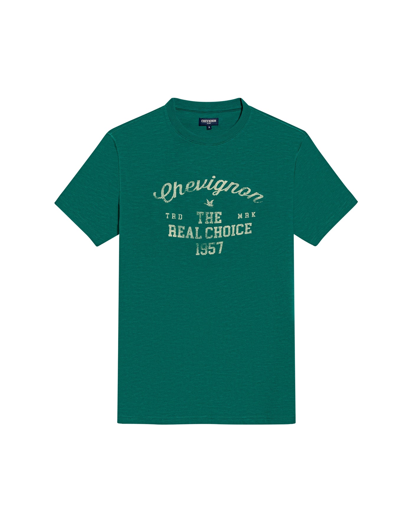Mens T-Shirt Slim Fit Short Sleeve Cotton Subtle Slub Heavy Rib Collar Printed Front Graphic Seam Details - Green 63_641H004_VER185322_3