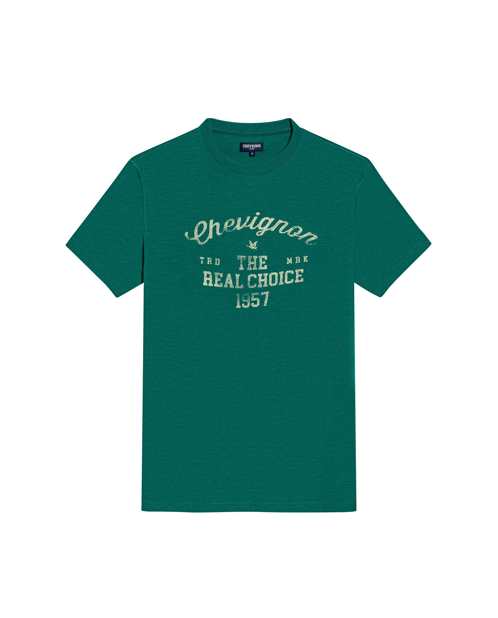 Mens T-Shirt Slim Fit Short Sleeve Cotton Subtle Slub Heavy Rib Collar Printed Front Graphic Seam Details - Green 63_641H004_VER185322_3