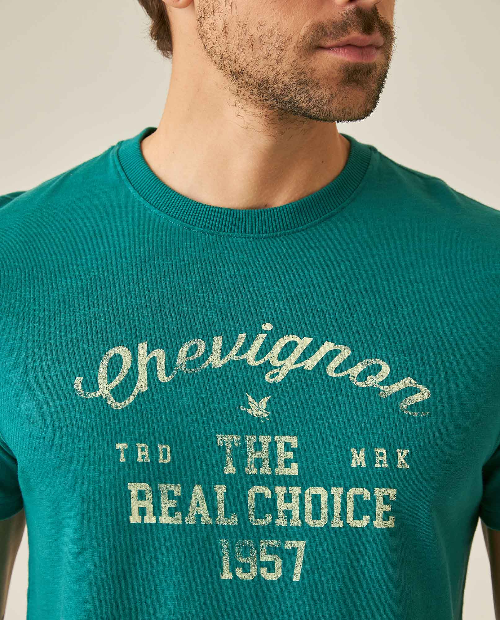 Mens T-Shirt Slim Fit Short Sleeve Cotton Subtle Slub Heavy Rib Collar Printed Front Graphic Seam Details - Green 63_641H004_VER185322_5