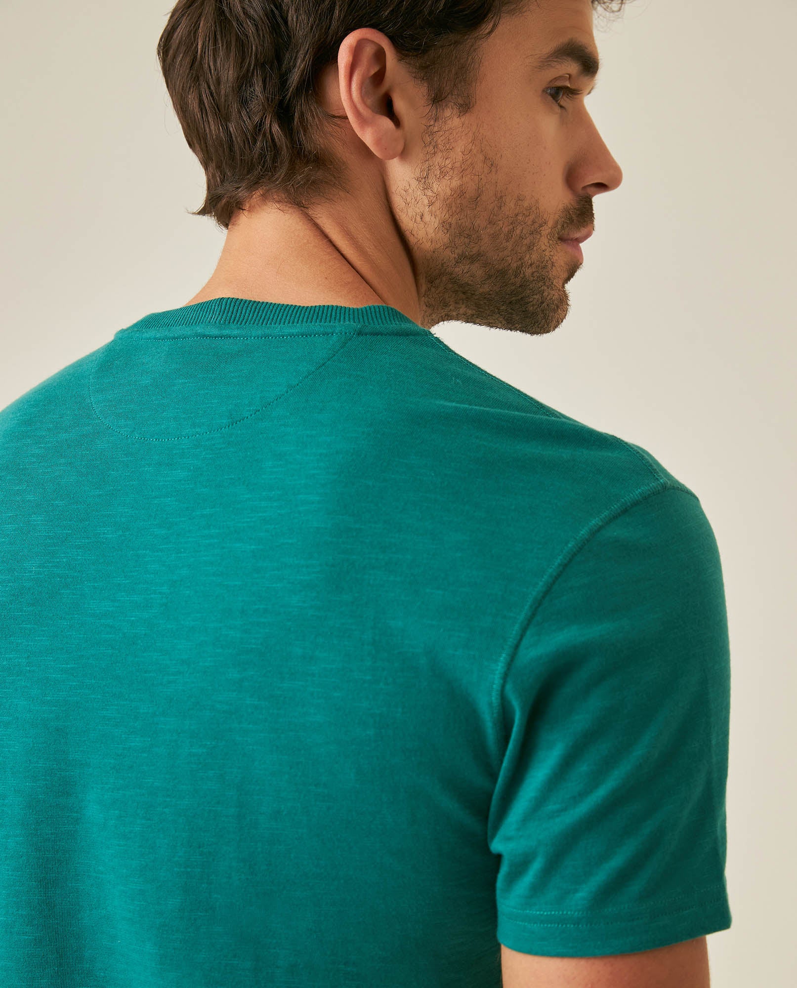 Mens T-Shirt Slim Fit Short Sleeve Cotton Subtle Slub Heavy Rib Collar Printed Front Graphic Seam Details - Green 63_641H004_VER185322_7