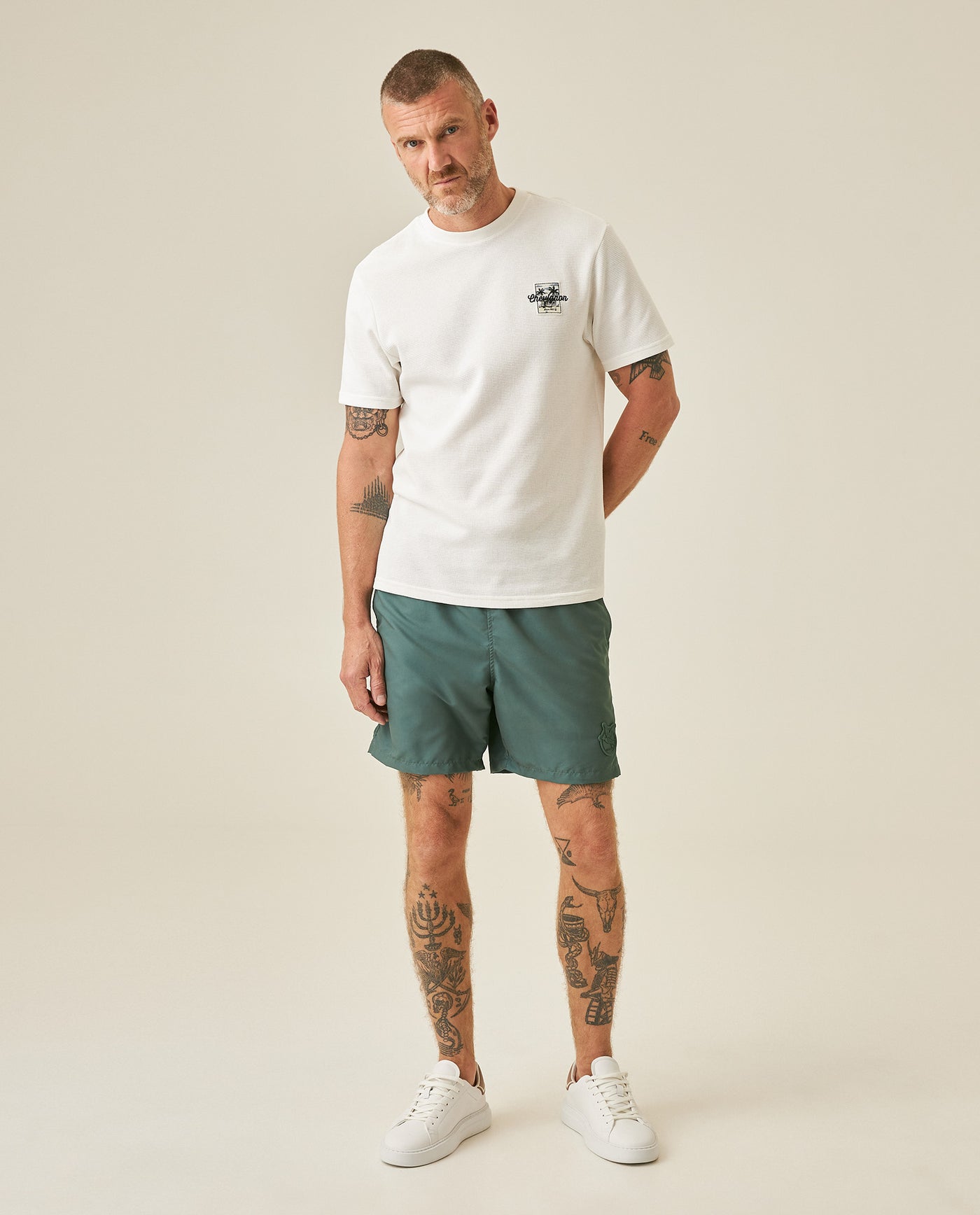 Mens T-Shirt Slim Fit Short Sleeve Cotton Polyester Waffle Texture Chest Embroidery Overlay Label - Raw 63_641H006_CRU110606_4