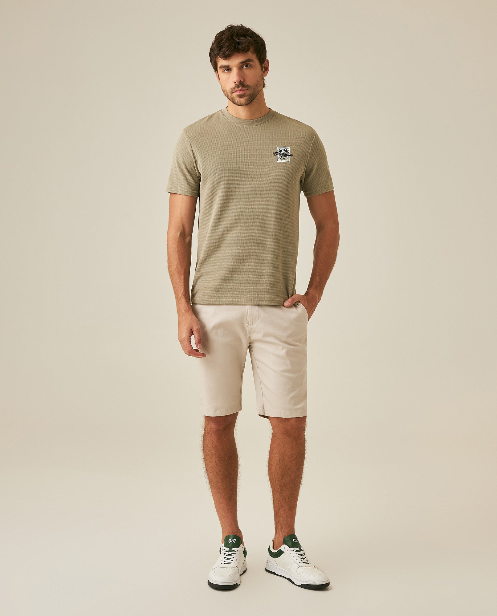 Mens T-Shirt Slim Fit Short Sleeve Cotton Polyester Waffle Texture Chest Embroidery Overlay Label - Green 63_641H006_VER170619_4