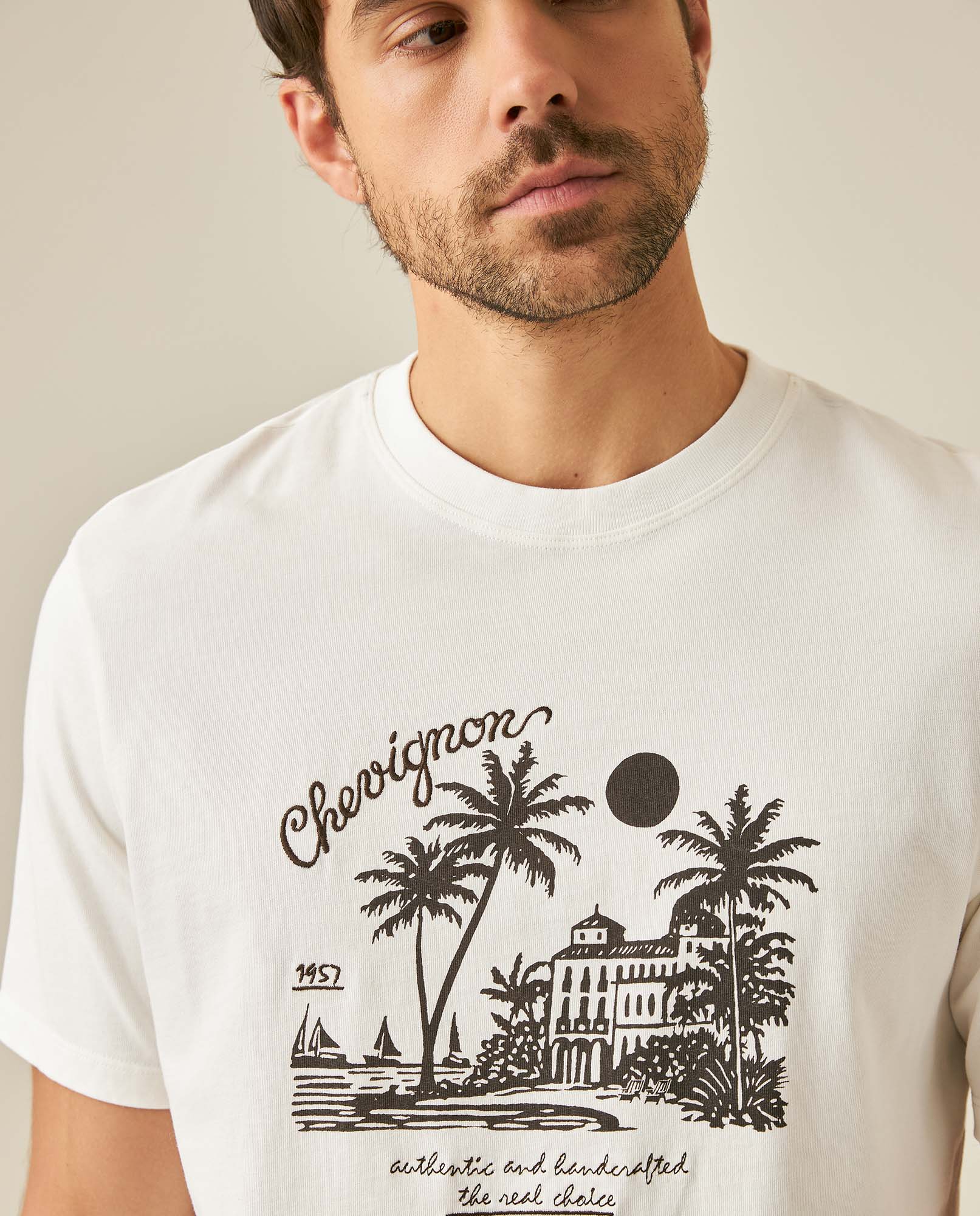 Mens T-Shirt Classic Fit Short Sleeve Cotton Jersey Medium Weight Heavy Rib Collar Mixed Front Graphics - Raw 63_641H008_CRU110606_5