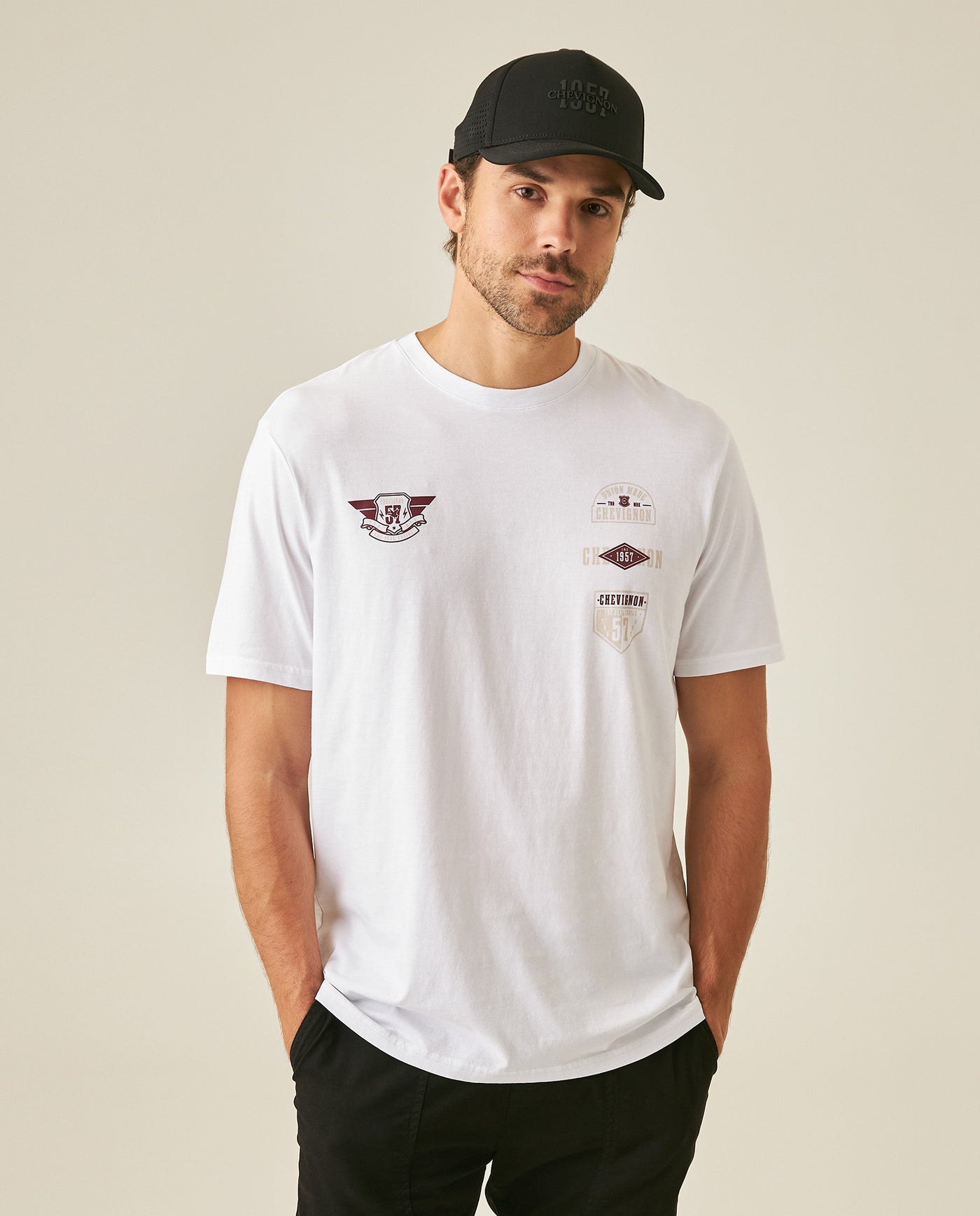 Mens T-Shirt Classic Fit Short Sleeve Cotton Jersey Normalized Patch-Style Graphics - White 63_641H009_BLA110601_0
