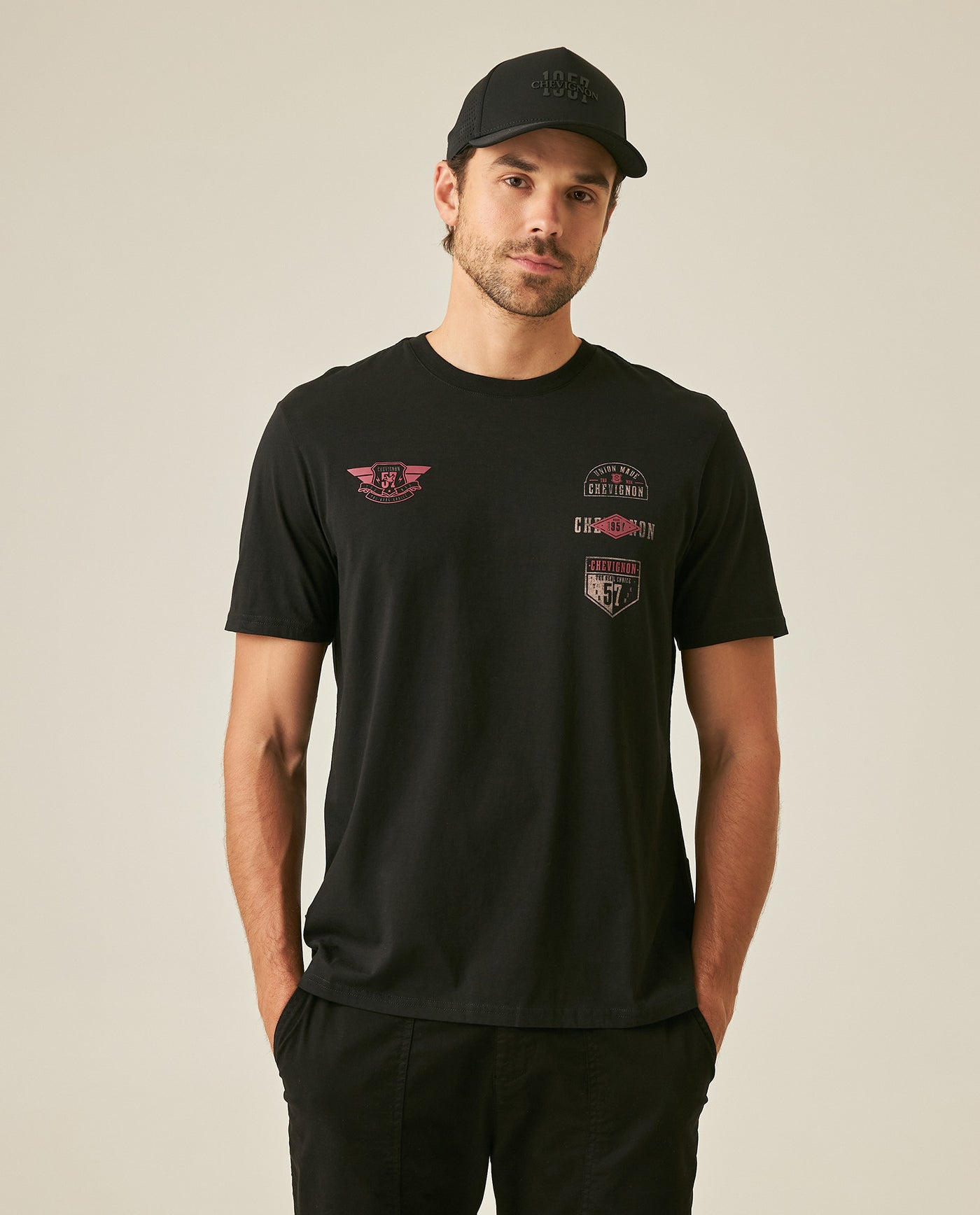 Mens T-Shirt Classic Fit Short Sleeve Cotton Jersey Normalized Patch-Style Graphics - Black 63_641H009_NEG194007_0