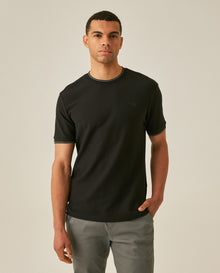 Mens T-Shirt Slim Fit Short Sleeve Cotton Honeycomb Effect Knit Collar Cuffs Refined Structure - Black 63_641H013_NEG194007_0