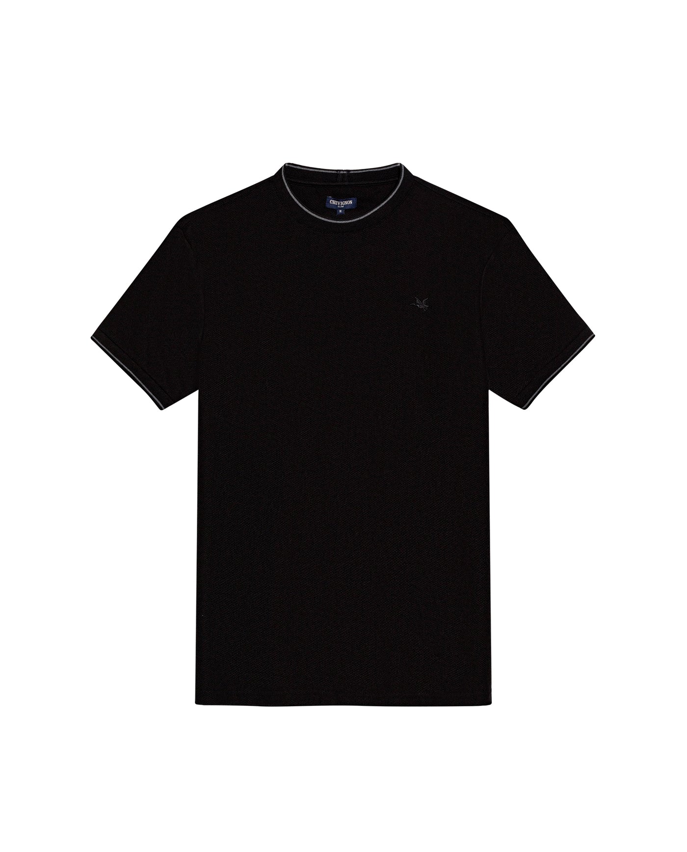 Mens T-Shirt Slim Fit Short Sleeve Cotton Honeycomb Effect Knit Collar Cuffs Refined Structure - Black 63_641H013_NEG194007_3