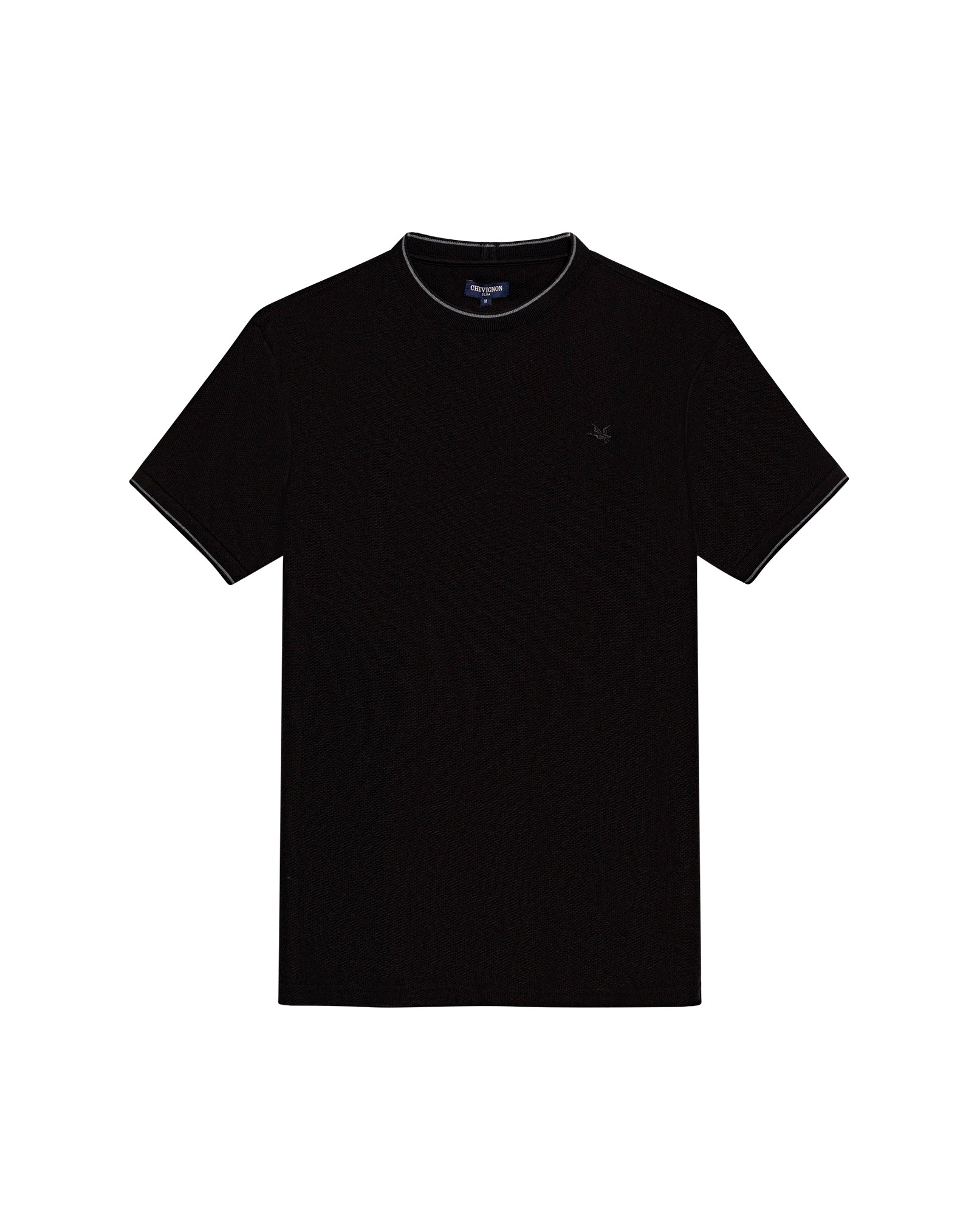 Mens T-Shirt Slim Fit Short Sleeve Cotton Honeycomb Effect Knit Collar Cuffs Refined Structure - Black 63_641H013_NEG194007_3