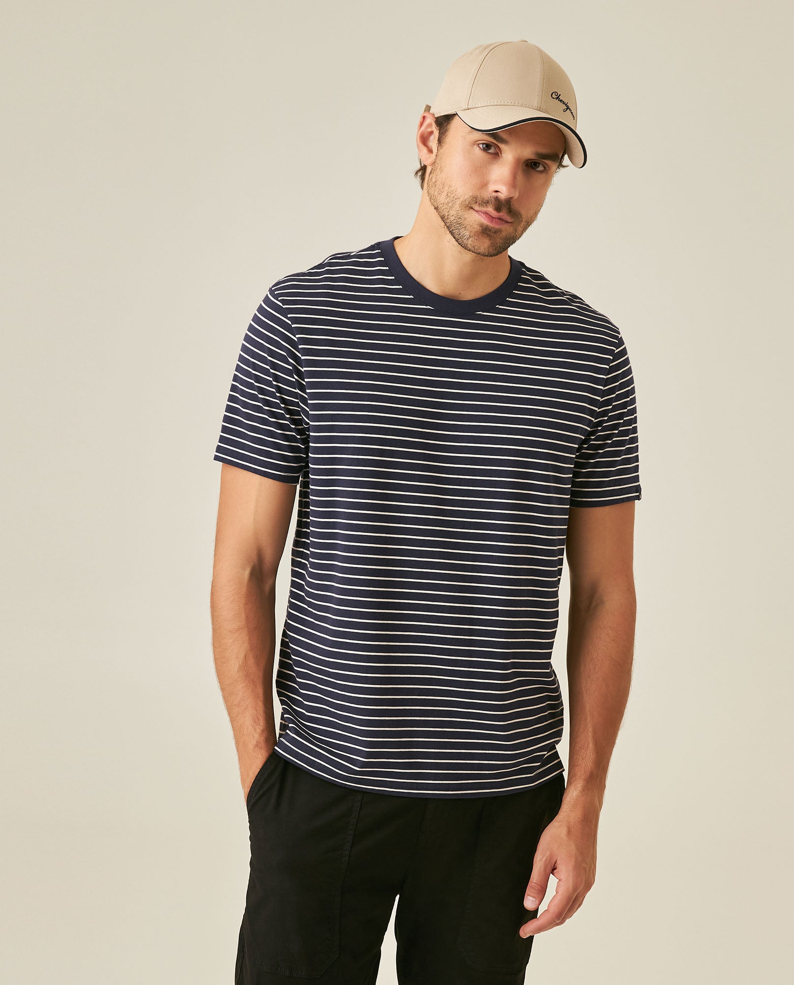 Mens T-Shirt Slim Fit Short Sleeve Cotton Elastane Stripe Fabric Flag Label Side Sleeve Nautical - Blue 63_641H014_AZU193924_0