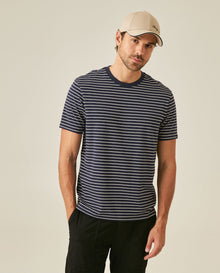 Mens T-Shirt Slim Fit Short Sleeve Cotton Elastane Stripe Fabric Flag Label Side Sleeve Nautical - Blue 63_641H014_AZU193924_0