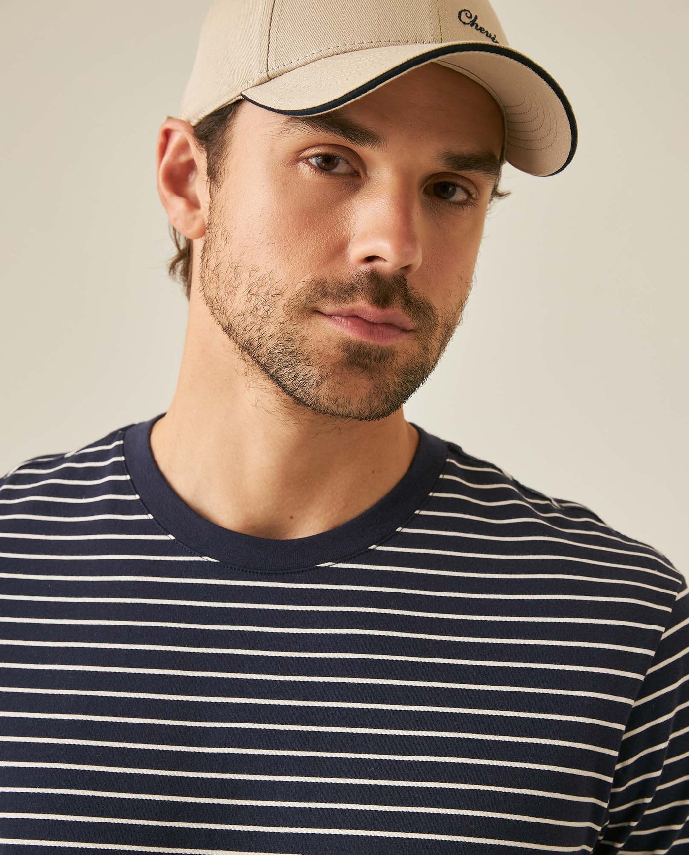 Mens T-Shirt Slim Fit Short Sleeve Cotton Elastane Stripe Fabric Flag Label Side Sleeve Nautical - Blue 63_641H014_AZU193924_5