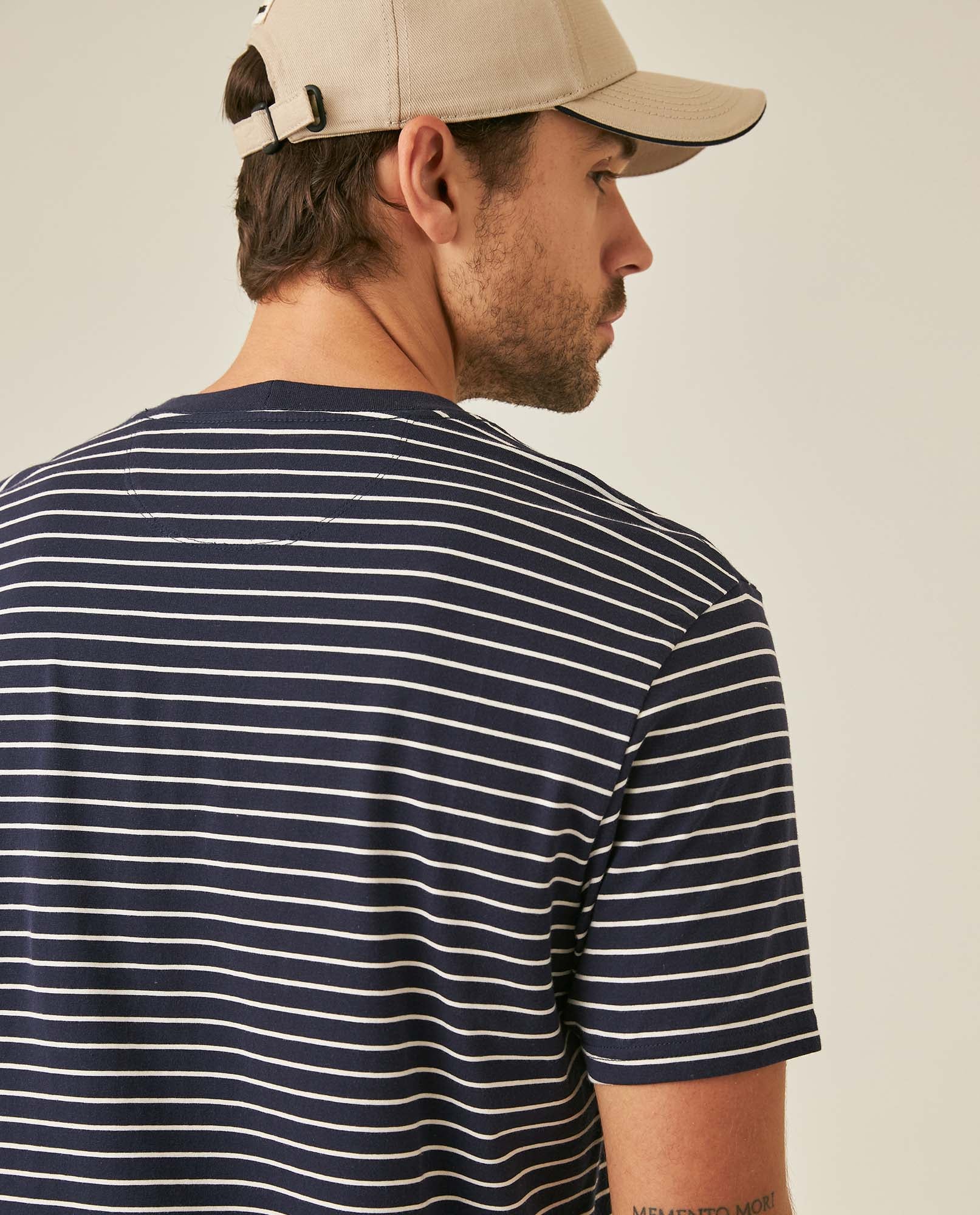 Mens T-Shirt Slim Fit Short Sleeve Cotton Elastane Stripe Fabric Flag Label Side Sleeve Nautical - Blue 63_641H014_AZU193924_7