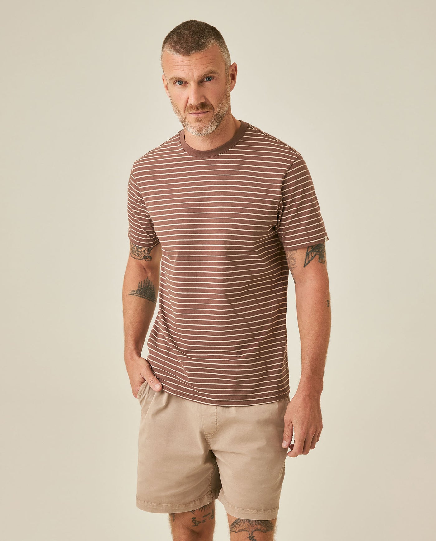 Mens T-Shirt Slim Fit Short Sleeve Cotton Elastane Stripe Fabric Flag Label Side Sleeve Nautical - Brown 63_641H014_CAF191016_0