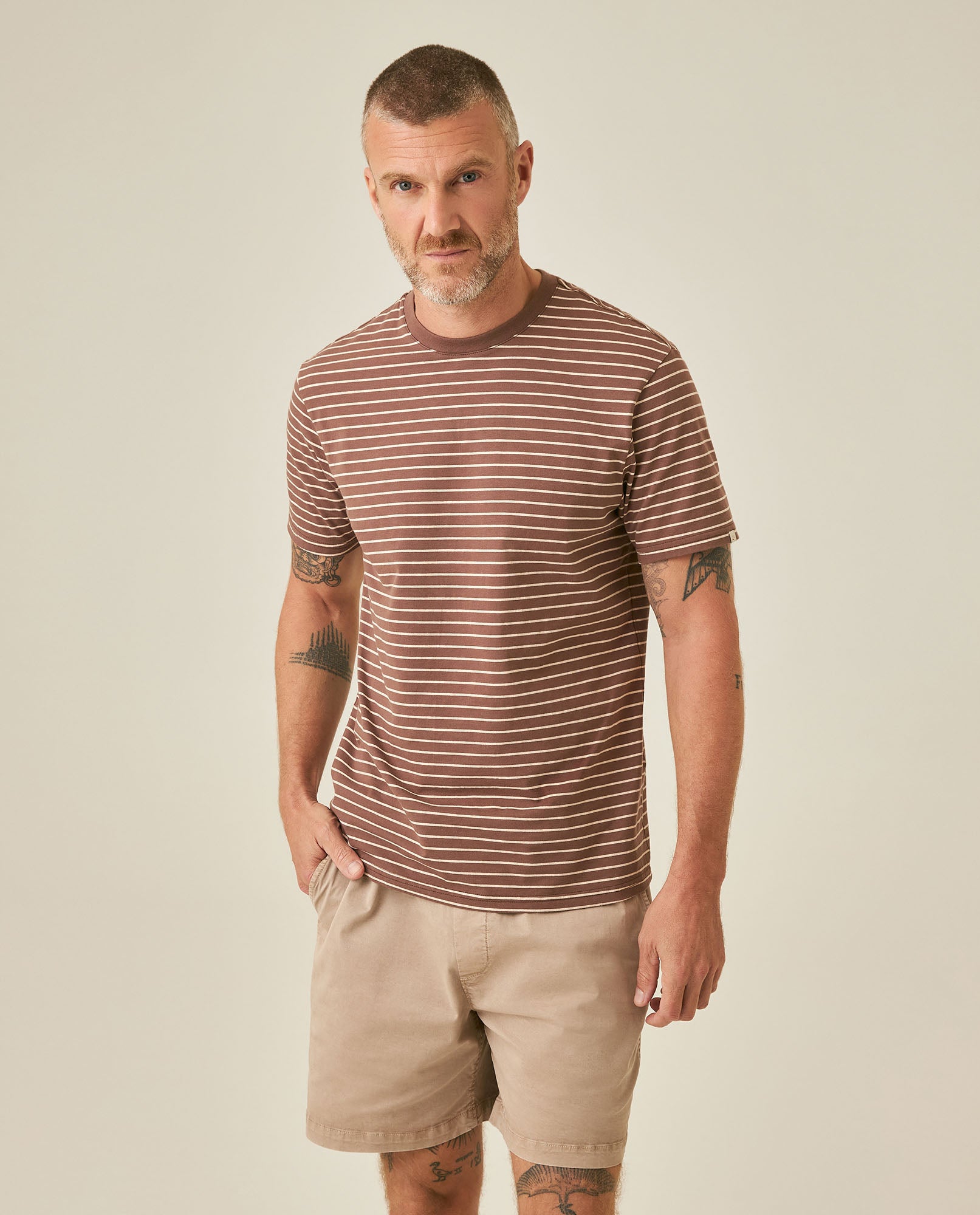 Mens T-Shirt Slim Fit Short Sleeve Cotton Elastane Stripe Fabric Flag Label Side Sleeve Nautical - Brown 63_641H014_CAF191016_0