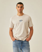 Mens T-Shirt Slim Fit Short Sleeve Cotton Jersey Double Knit Discreet Central Summer Graphic Side Vents - Beige 63_641H015_BEI140002_0