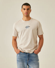Mens T-Shirt Slim Fit Short Sleeve Cotton Jersey Double Knit Discreet Central Summer Graphic Side Vents - Beige 63_641H015_BEI140002_0