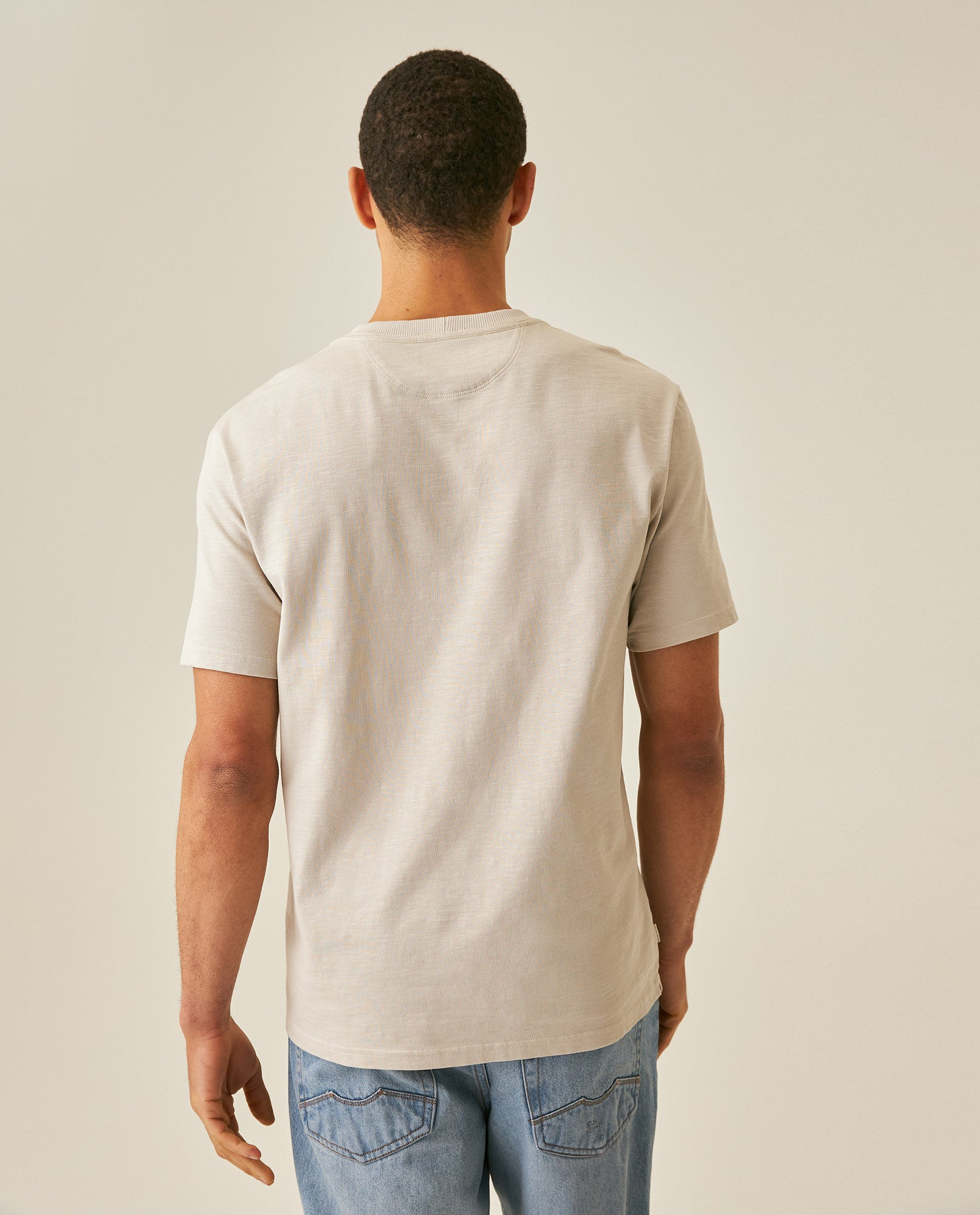 Mens T-Shirt Slim Fit Short Sleeve Cotton Jersey Double Knit Discreet Central Summer Graphic Side Vents - Beige 63_641H015_BEI140002_6