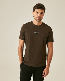 Mens T-Shirt Slim Fit Short Sleeve Cotton Jersey Double Knit Discreet Central Summer Graphic Side Vents - Brown 63_641H015_CAF191016_0