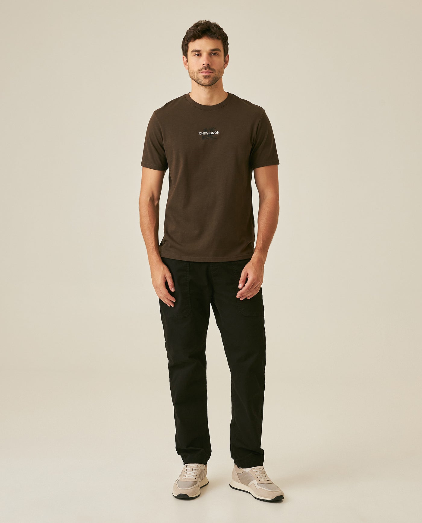 Mens T-Shirt Slim Fit Short Sleeve Cotton Jersey Double Knit Discreet Central Summer Graphic Side Vents - Brown 63_641H015_CAF191016_4