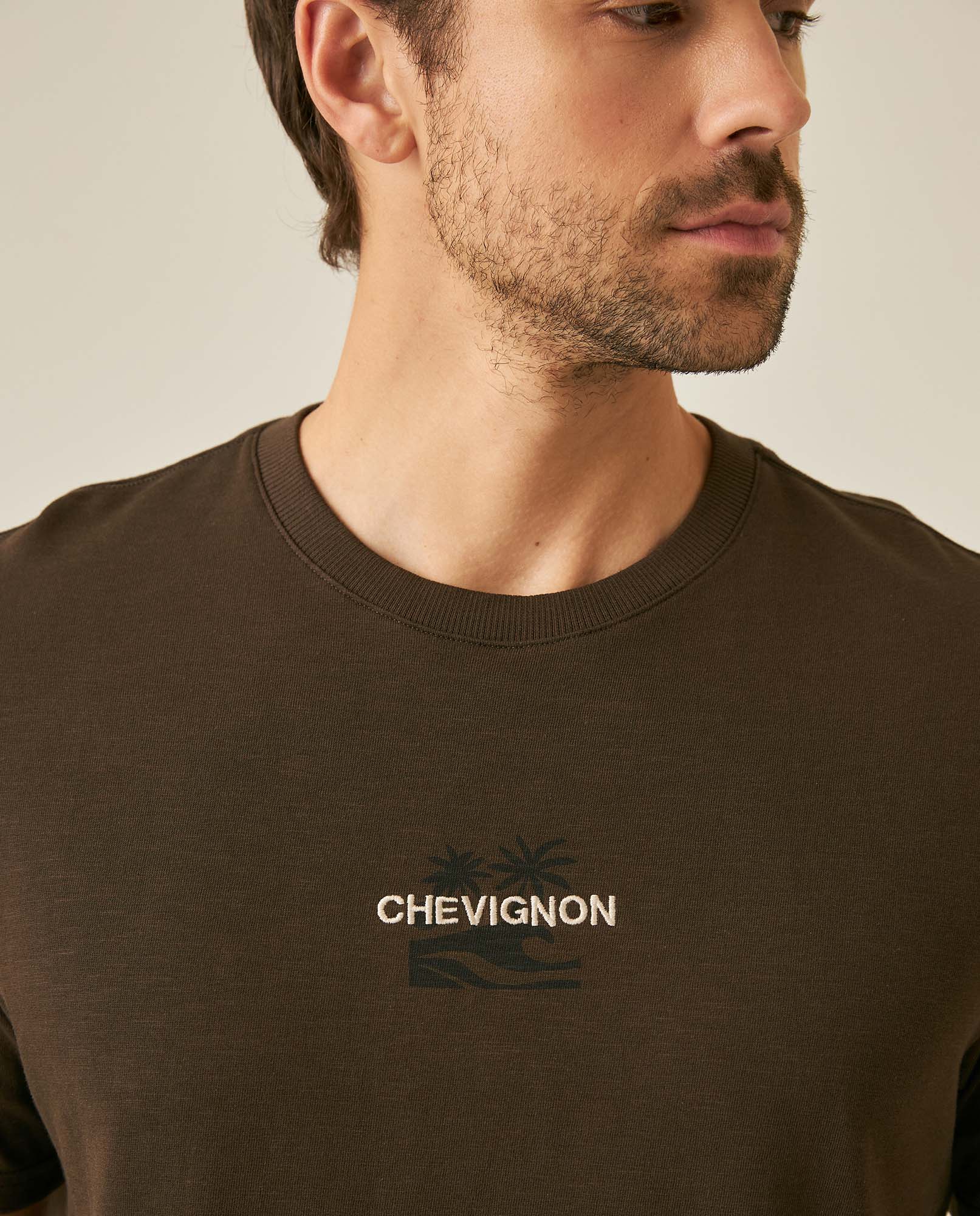 Mens T-Shirt Slim Fit Short Sleeve Cotton Jersey Double Knit Discreet Central Summer Graphic Side Vents - Brown 63_641H015_CAF191016_5