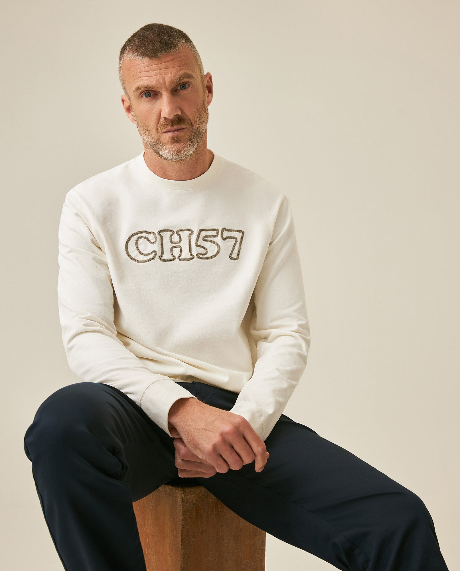 Mens T-Shirt Long Sleeve Classic Fit Cotton Elastane Jersey Heavy Chain Stitch Embroidered Graphic - Raw 63_641H016_CRU110701_4