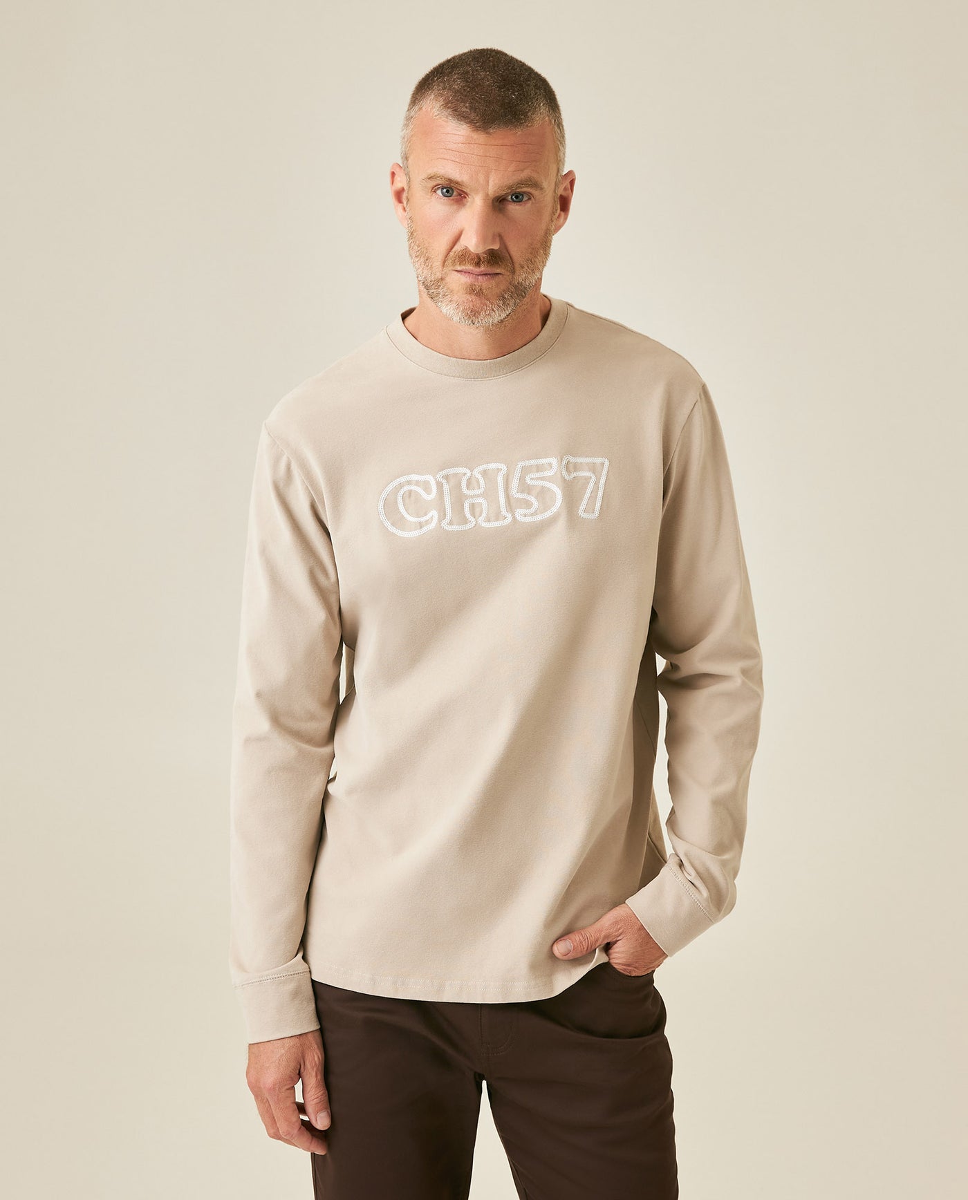 Mens T-Shirt Long Sleeve Classic Fit Cotton Elastane Jersey Heavy Chain Stitch Embroidered Graphic - Gray 63_641H016_GRI171107_0