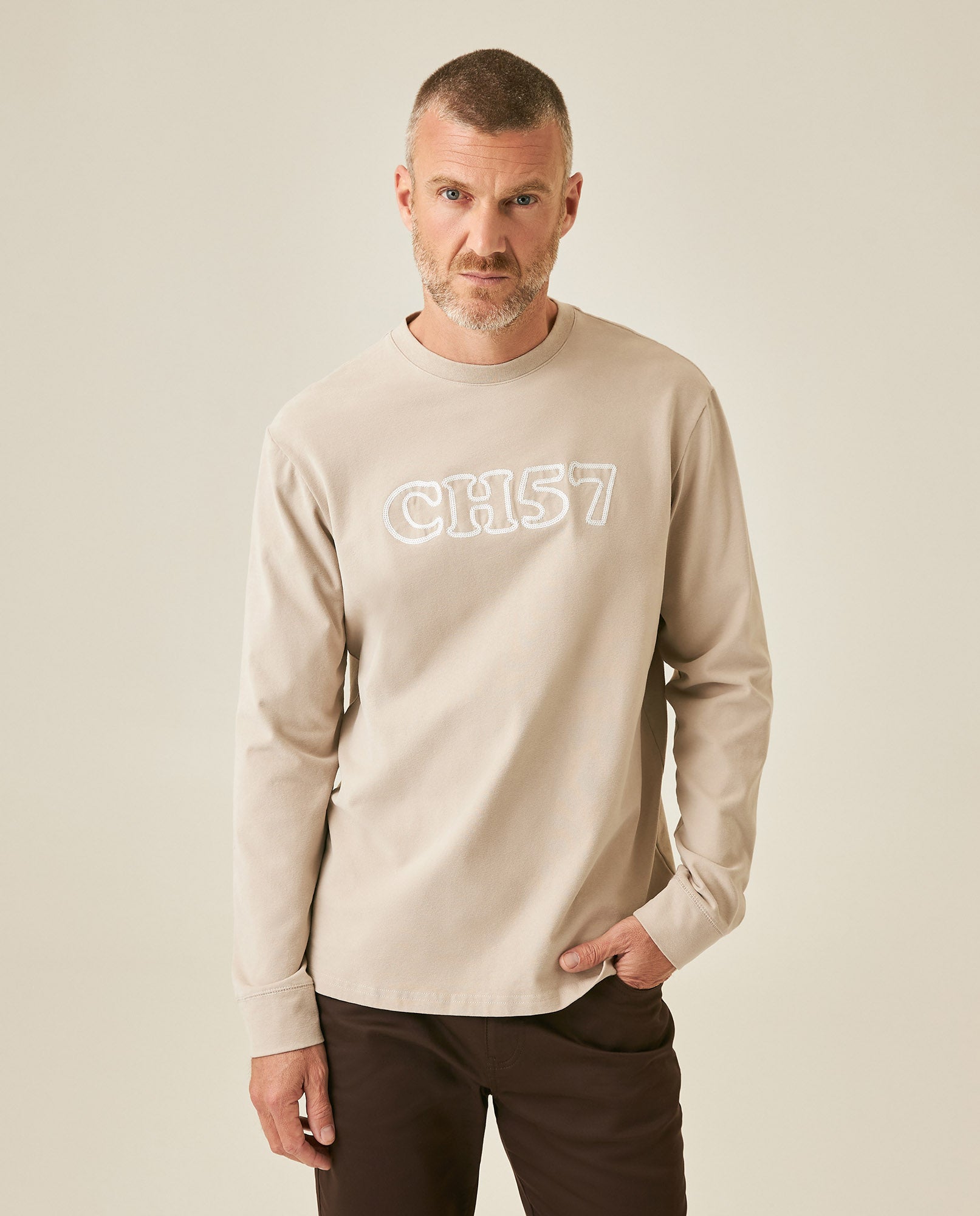 Mens T-Shirt Long Sleeve Classic Fit Cotton Elastane Jersey Heavy Chain Stitch Embroidered Graphic - Gray 63_641H016_GRI171107_0