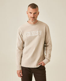 Mens T-Shirt Long Sleeve Classic Fit Cotton Elastane Jersey Heavy Chain Stitch Embroidered Graphic - Gray 63_641H016_GRI171107_0