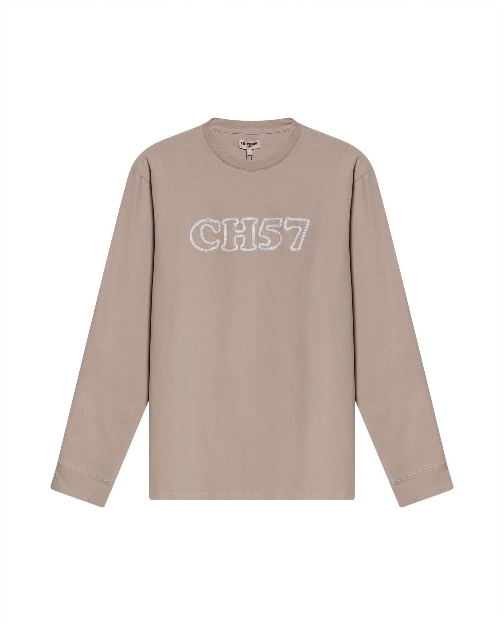 Mens T-Shirt Long Sleeve Classic Fit Cotton Elastane Jersey Heavy Chain Stitch Embroidered Graphic - Gray 63_641H016_GRI171107_3