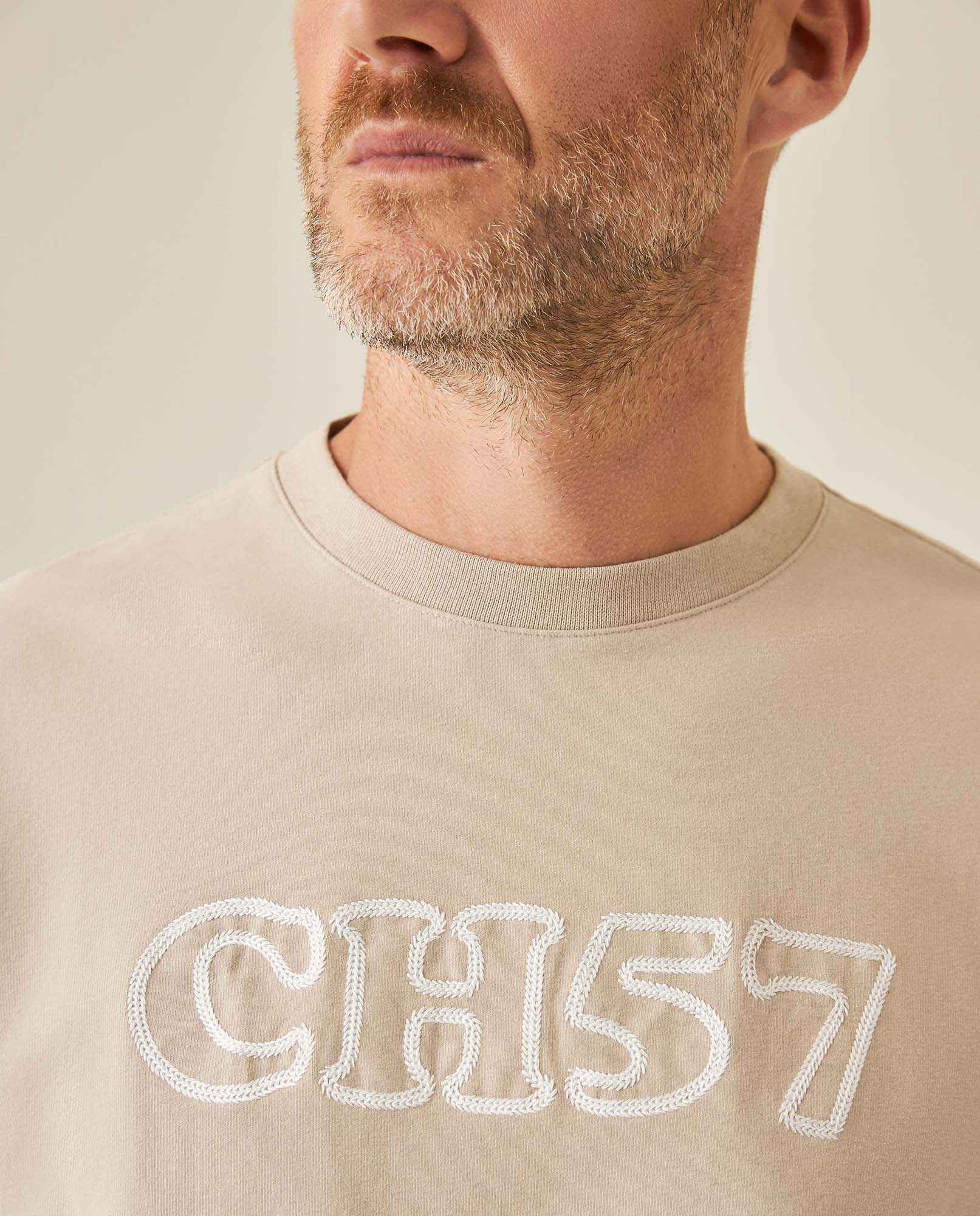 Mens T-Shirt Long Sleeve Classic Fit Cotton Elastane Jersey Heavy Chain Stitch Embroidered Graphic - Gray 63_641H016_GRI171107_5