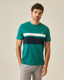 Mens T-Shirt Slim Fit Short Sleeve Cotton Jersey Normalized Varsity Color Blocks Tone on Tone Duck - Green 63_641H017_VER185322_0