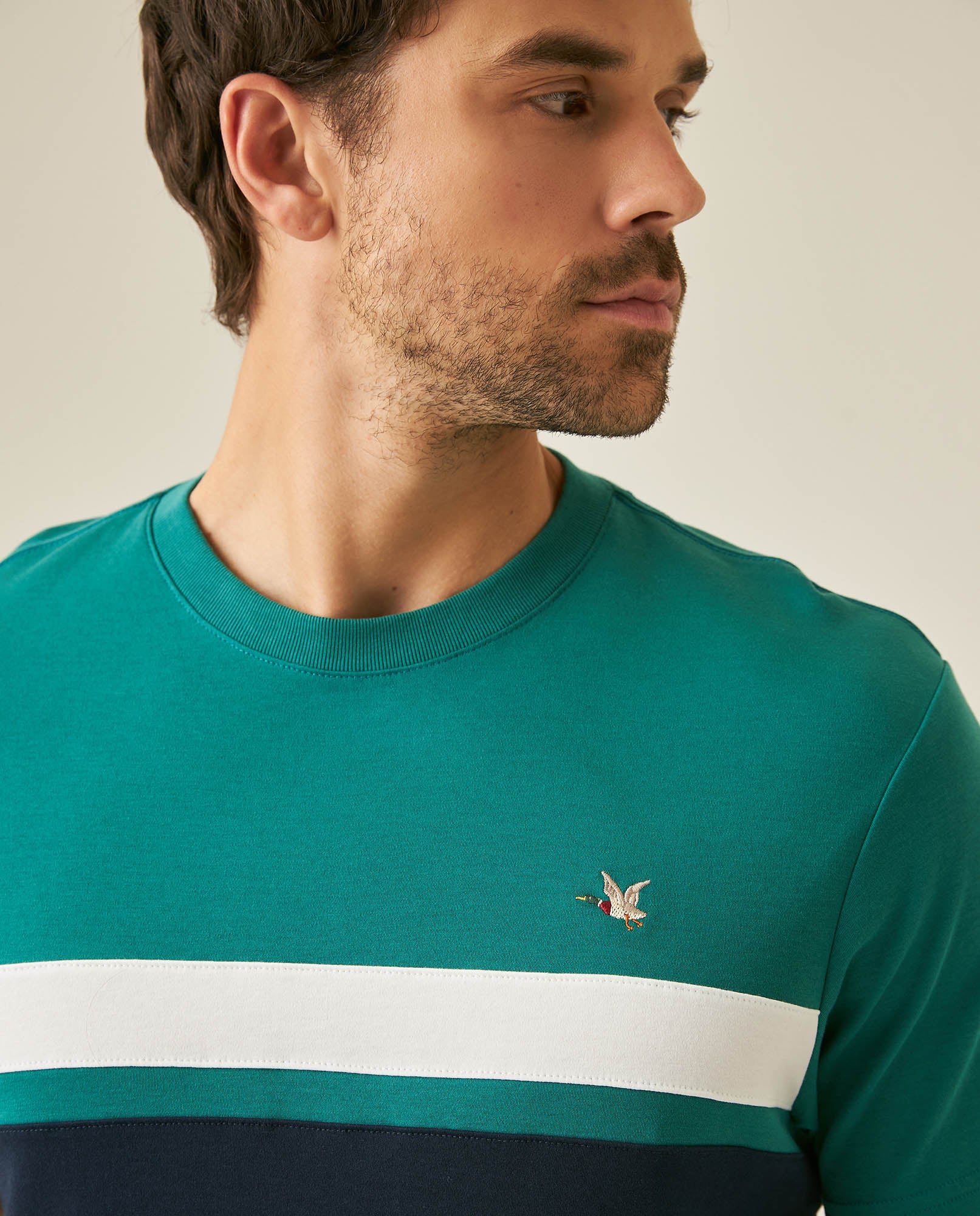 Mens T-Shirt Slim Fit Short Sleeve Cotton Jersey Normalized Varsity Color Blocks Tone on Tone Duck - Green 63_641H017_VER185322_5