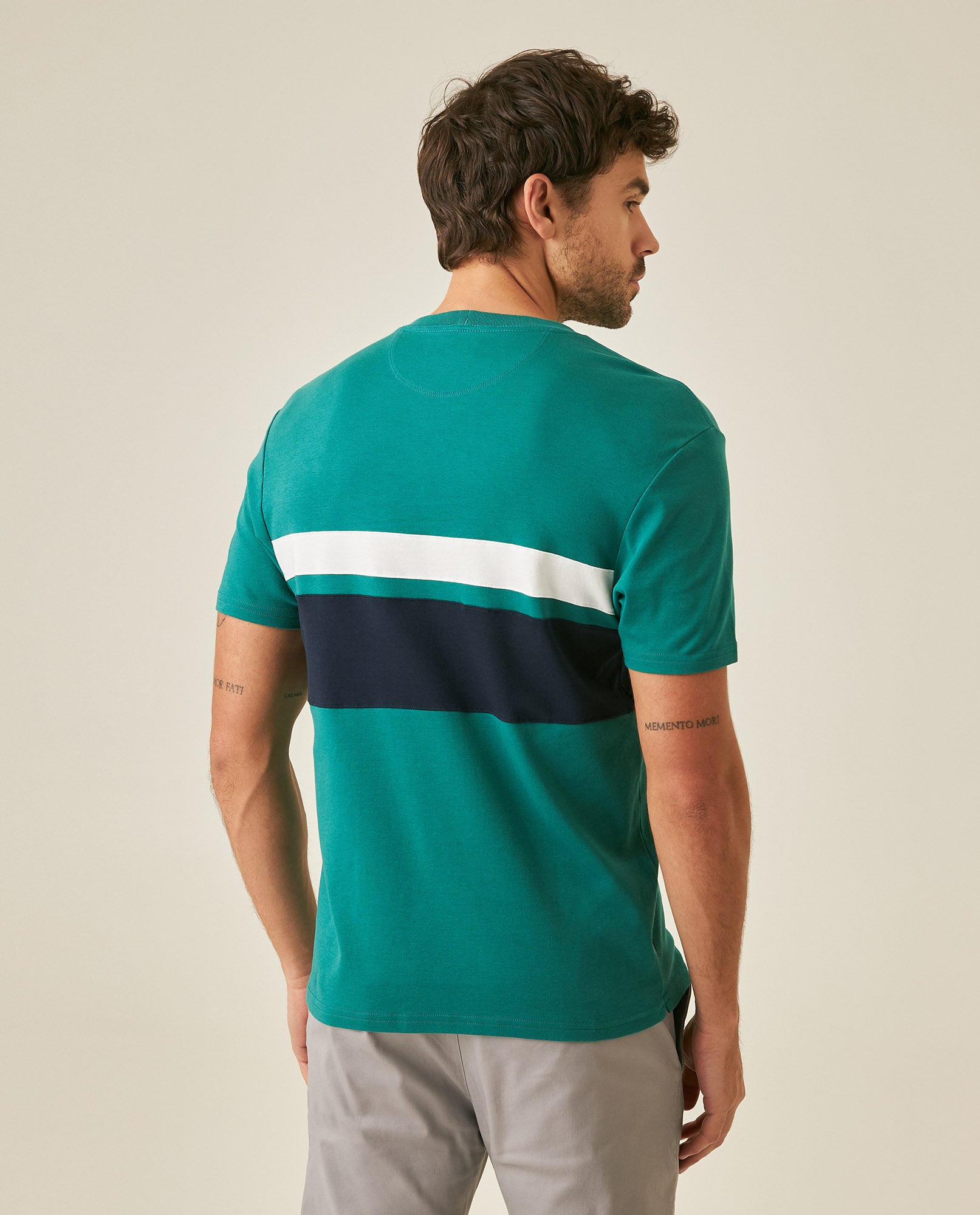 Mens T-Shirt Slim Fit Short Sleeve Cotton Jersey Normalized Varsity Color Blocks Tone on Tone Duck - Green 63_641H017_VER185322_6