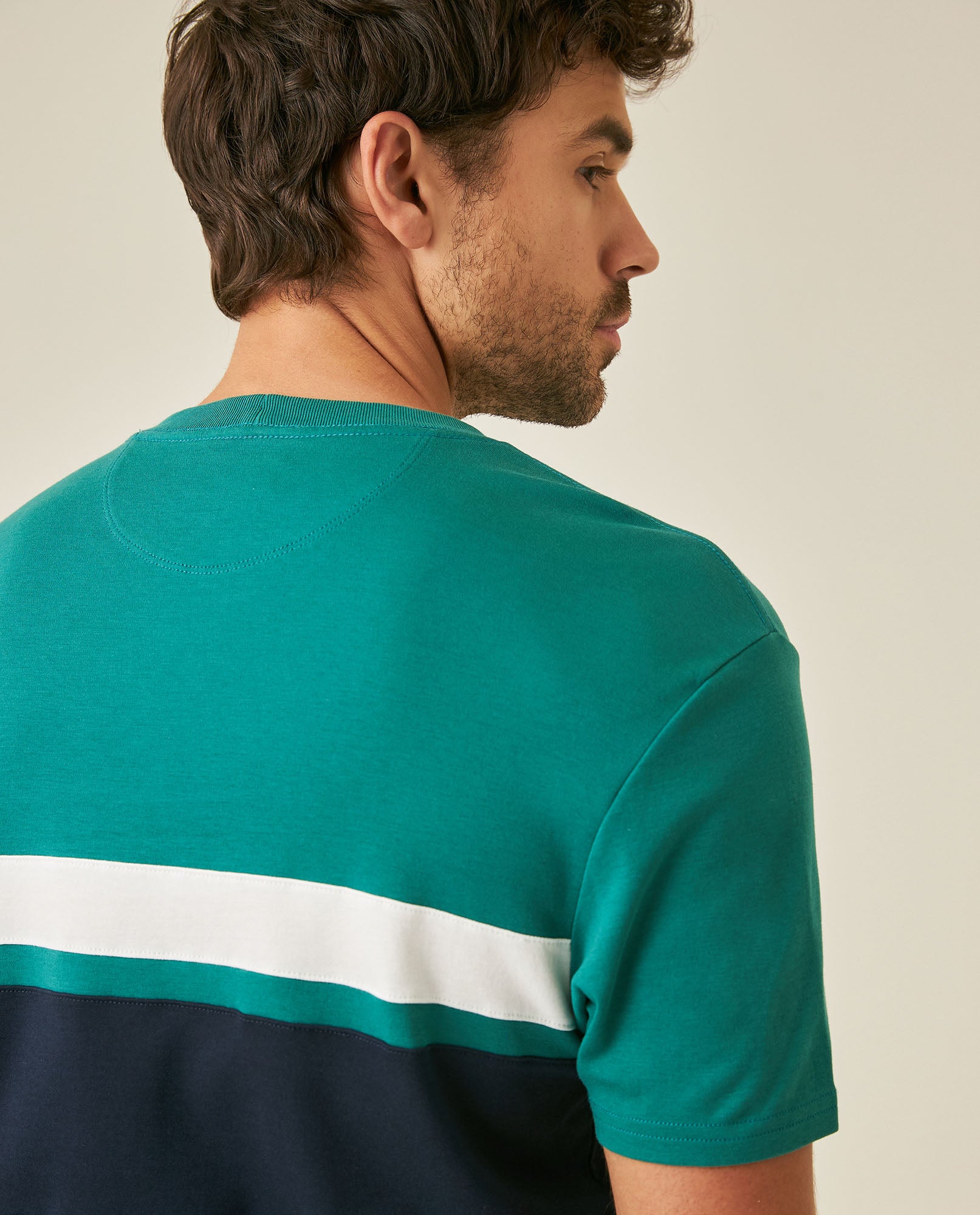 Mens T-Shirt Slim Fit Short Sleeve Cotton Jersey Normalized Varsity Color Blocks Tone on Tone Duck - Green 63_641H017_VER185322_7