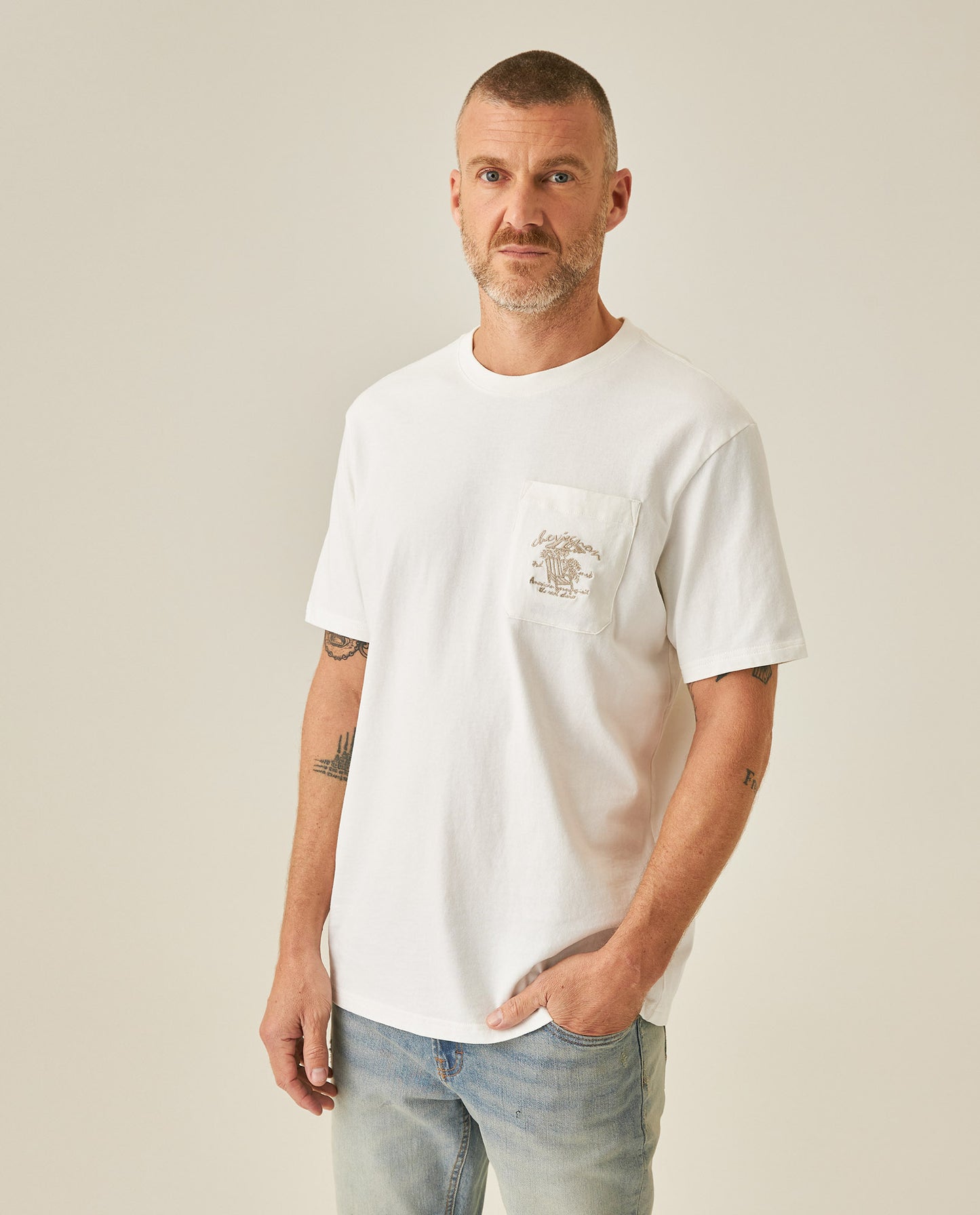 Mens T-Shirt Classic Fit Short Sleeve Cotton Jersey Medium Weight Embroidered Graphics Both Sides Pocket - Raw 63_641H018_CRU110606_0