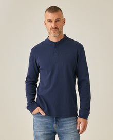 Mens T-Shirt Slim Fit Long Sleeve Henley Collar Cotton Elastane Knitwear Simulation Tone on Tone Buttons - Blue 63_641H019_AZU194031_0