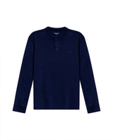 Mens T-Shirt Slim Fit Long Sleeve Henley Collar Cotton Elastane Knitwear Simulation Tone on Tone Buttons - Blue 63_641H019_AZU194031_3