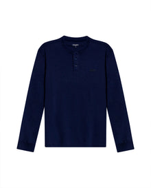 Mens T-Shirt Slim Fit Long Sleeve Henley Collar Cotton Elastane Knitwear Simulation Tone on Tone Buttons - Blue 63_641H019_AZU194031_3