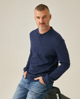Mens T-Shirt Slim Fit Long Sleeve Henley Collar Cotton Elastane Knitwear Simulation Tone on Tone Buttons - Blue 63_641H019_AZU194031_4