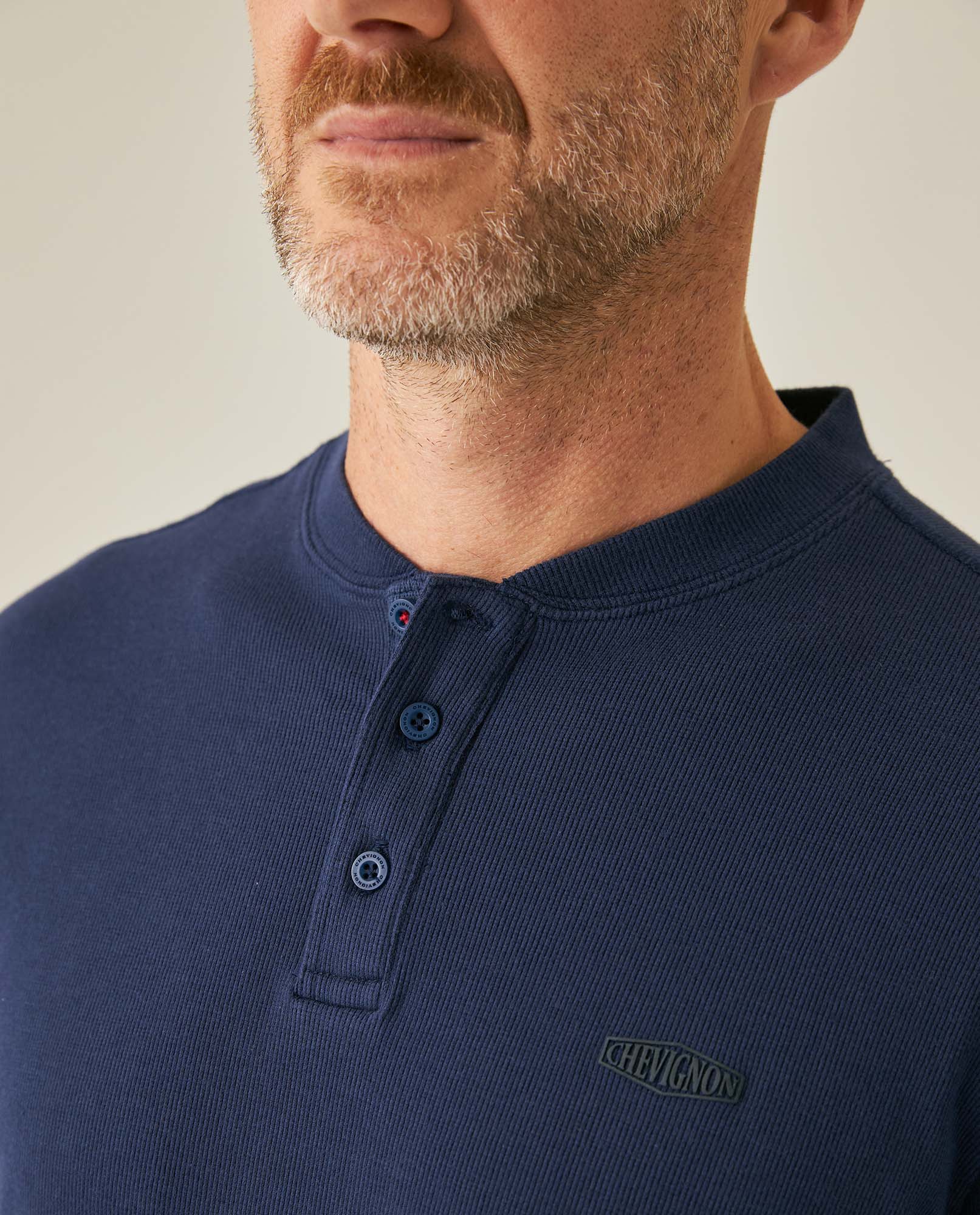 Mens T-Shirt Slim Fit Long Sleeve Henley Collar Cotton Elastane Knitwear Simulation Tone on Tone Buttons - Blue 63_641H019_AZU194031_5
