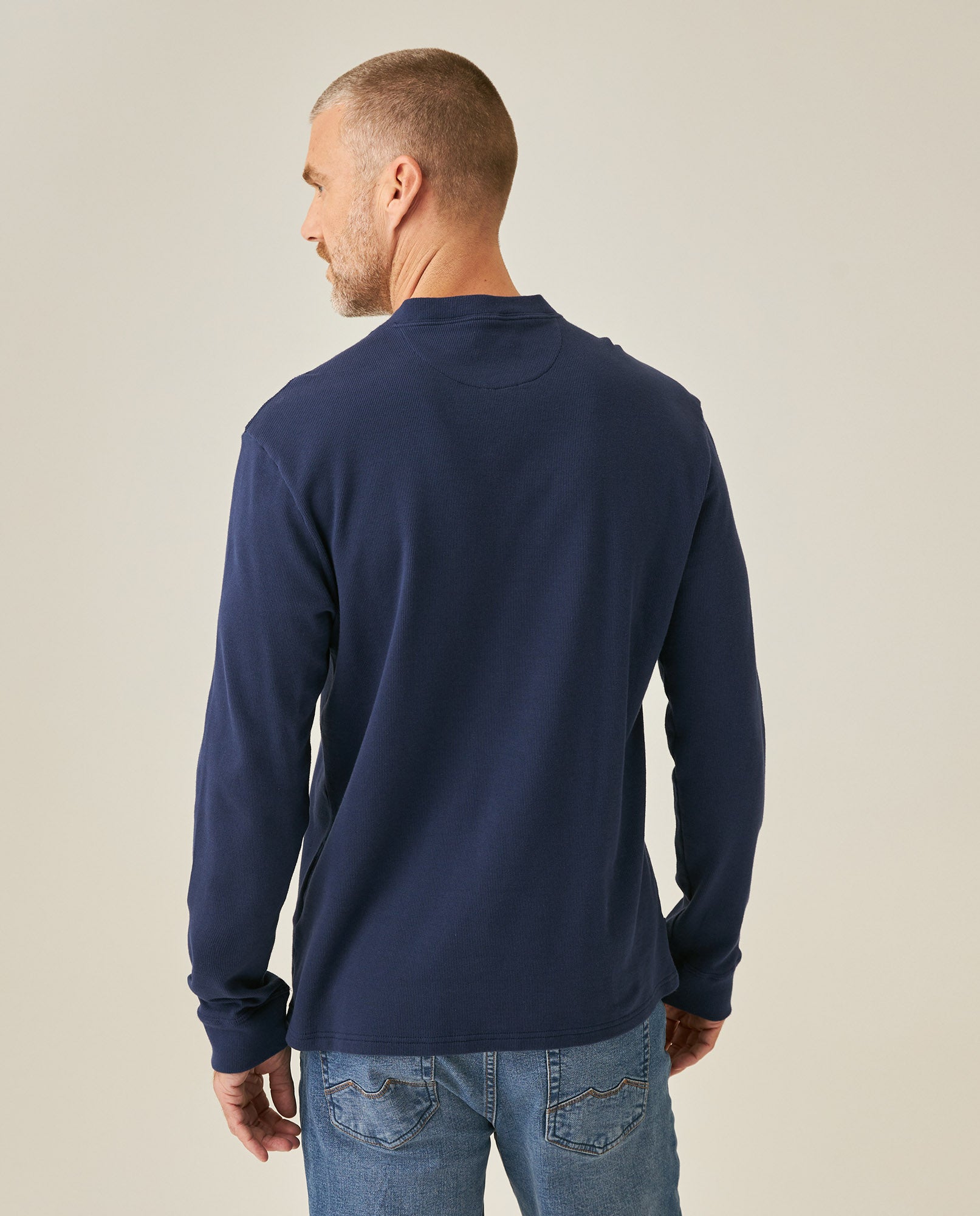 Mens T-Shirt Slim Fit Long Sleeve Henley Collar Cotton Elastane Knitwear Simulation Tone on Tone Buttons - Blue 63_641H019_AZU194031_6